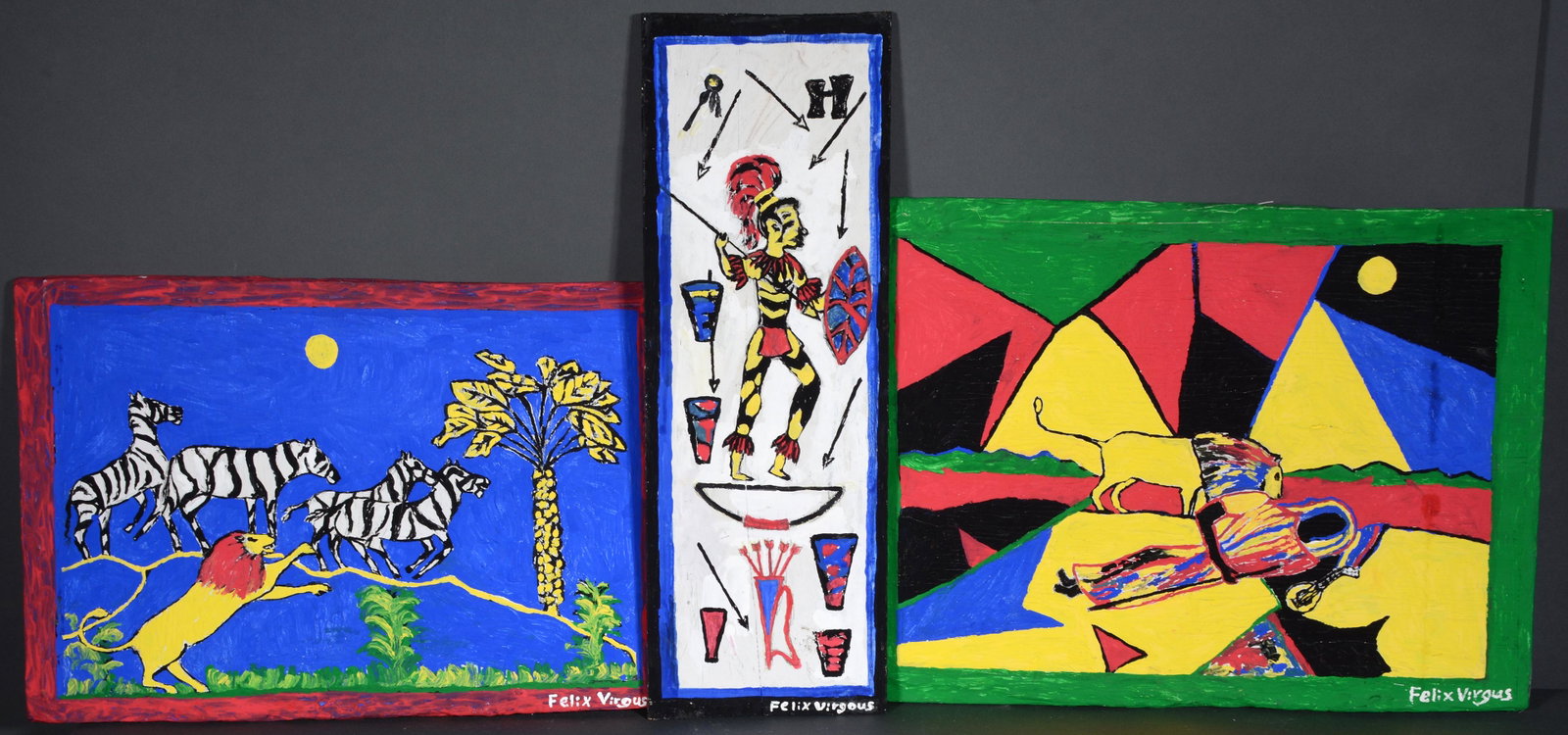 Felix Virgous. Three Paintings.: Felix Virgous. Three Paintings. Signed. Paint on board. Great condition. Average size is 20"w x 18"h. Est. $100-200. Ship: $55