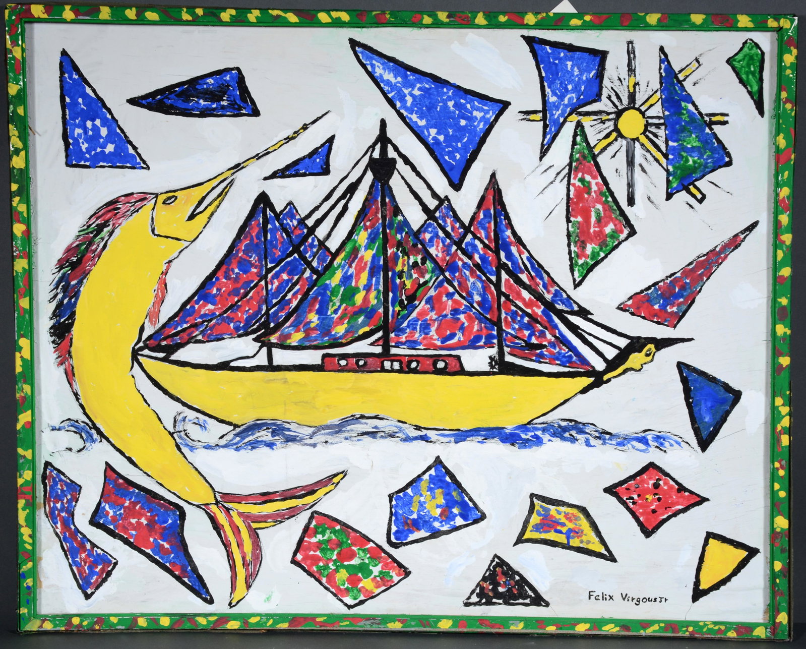 Felix Virgous. Fish And Boat.: Felix Virgous. Fish And Boat. Signed and titled. Paint on found board with artist decorated frame. Good condition. 35"w x 28"h including frame. Est. $100-200. Ship: $85
