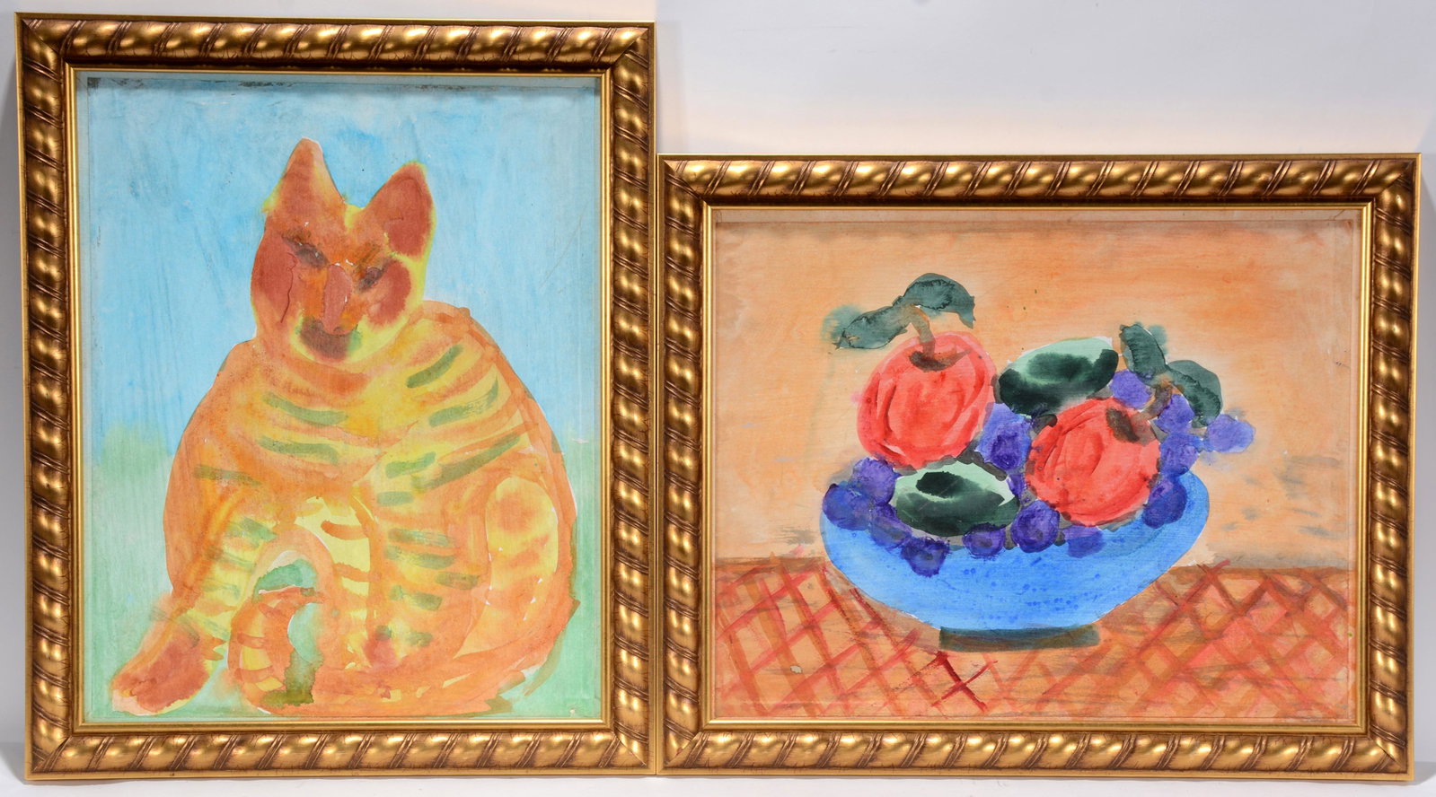 Sybil Gibson. Cat & Fruit Bowl Paintings.: Sybil Gibson. Cat and Fruit Bowl Paintings. Not signed or dated. Rare examples. Watercolor on canvas panel backs. Excellent condition. 19" x 23" with frames. Est. $300-500. Ship: $55