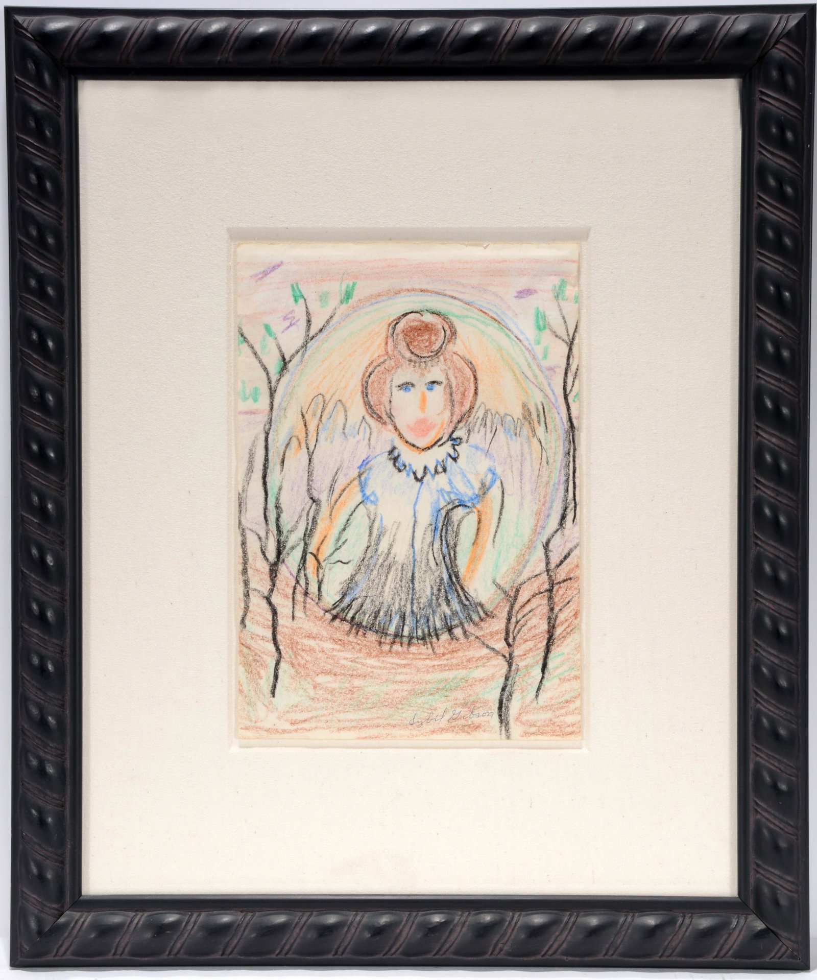 Sybil Gibson. Crayon Lady.: Sybil Gibson. Crayon Lady. Signed. Not dated. Crayon on paper. Excellent condition. 19" x 23" with frame. Est. $100-200. Ship: $45