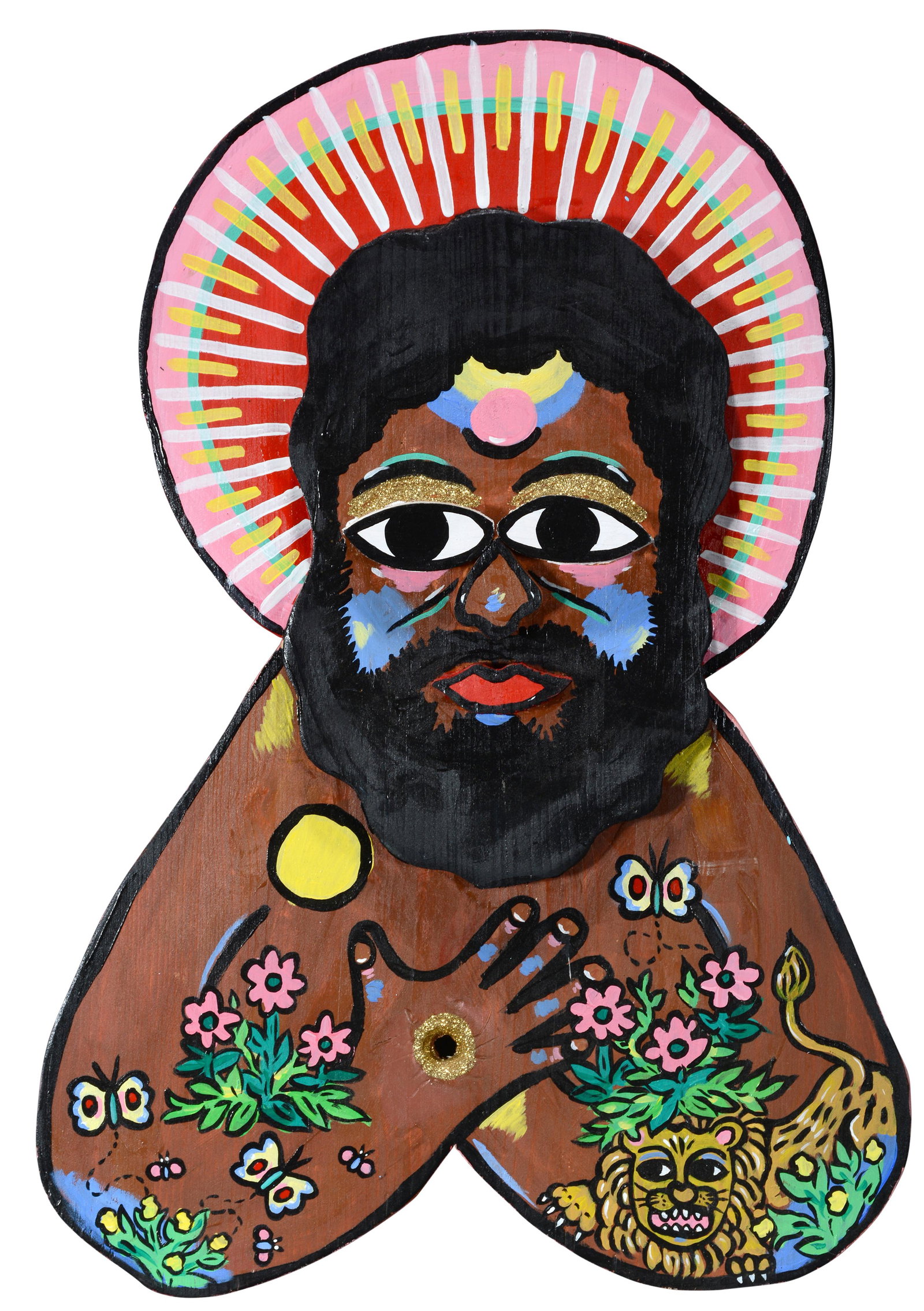 Jacob Boehme. Jesus-Creator, Sustainer, Redeemer.: Jacob Boehme. Jesus-Creator, Sustainer, Redeemer. 2021. Signed and dated. Wood cutout with paint and glitter. 19.75" x 28". Proceeds to benefit The Paradise Garden Foundation. Est. $200-400. Ship: $75