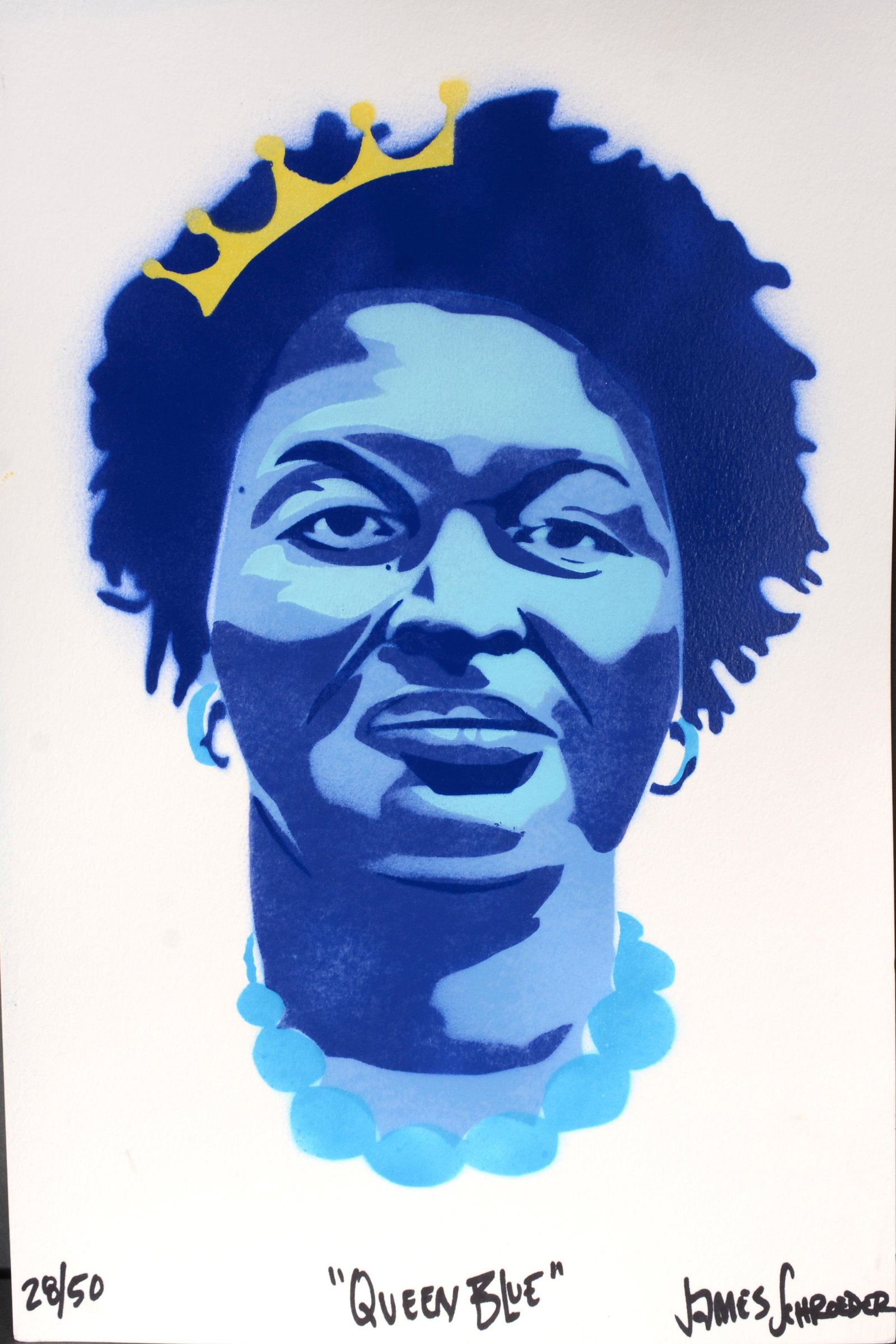James Schroder. Queen Blue.: James Schroder. Queen Blue. Paint on paper (drawn and handcut stencil, 15 layer spray paint process). Excellent condition. 12" x 18". Proceeds to benefit The Paradise Garden Foundation. Est. $100-200.