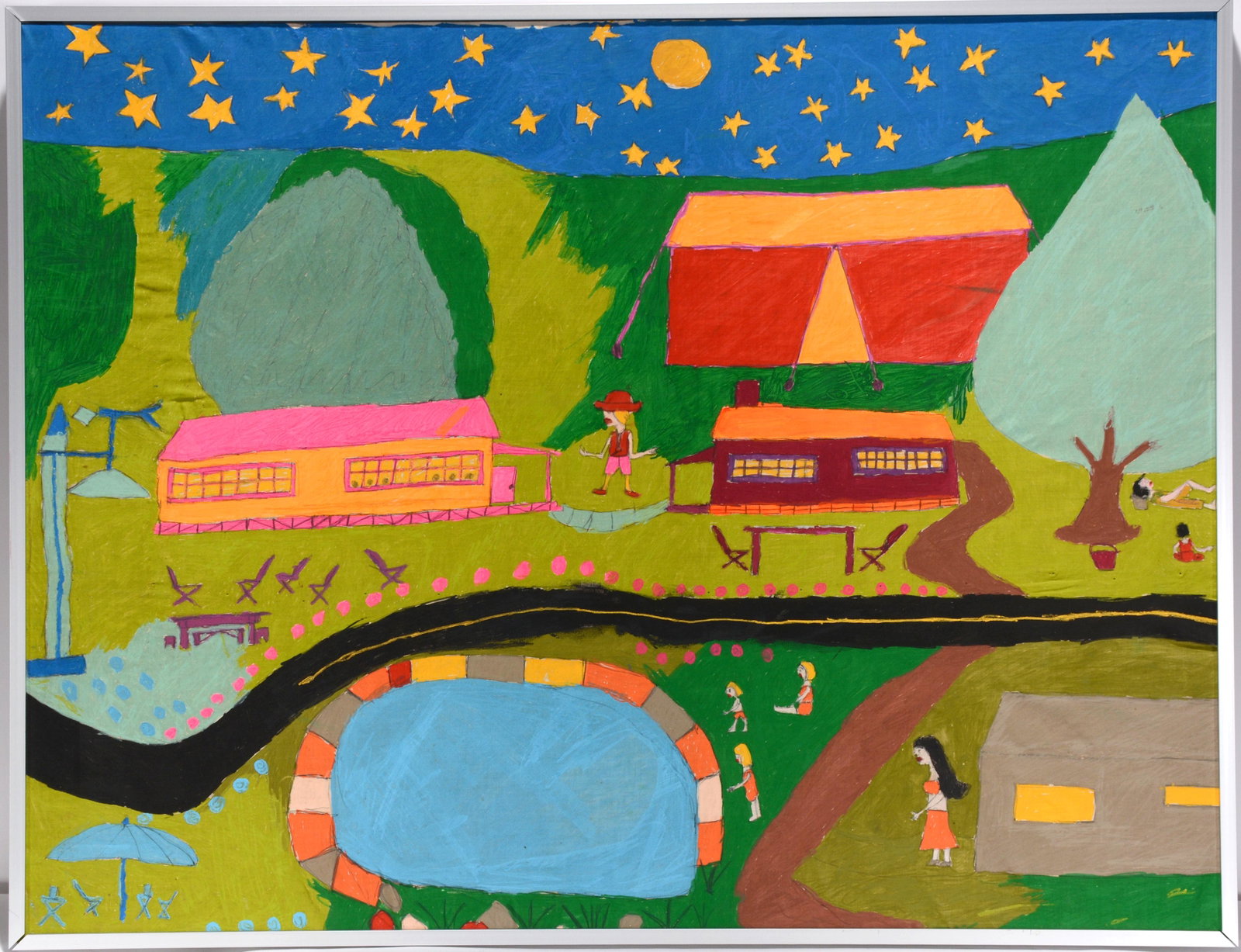 Floretta Warfel. Summer Camp Under Stars.: Floretta Warfel. Summer Camp Under The Stars. Not signed or dated. Paint on cloth. Excellent condition. Size with frame is 34" x 26". Est. $200-400. Ship: $75