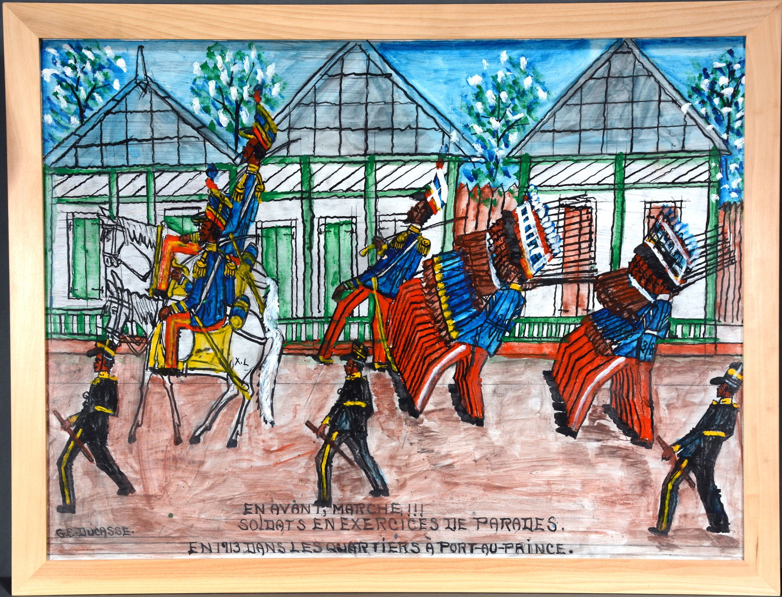 Gervais Emanual Ducasse. Military Marching Scene.: Gervais Emanual Ducasse. Military Marching Scene. 1979. Signed, dated and titled. Oil on Masonite. Excellent condition. 34" x 26". Est. $300-500. Ship: $65