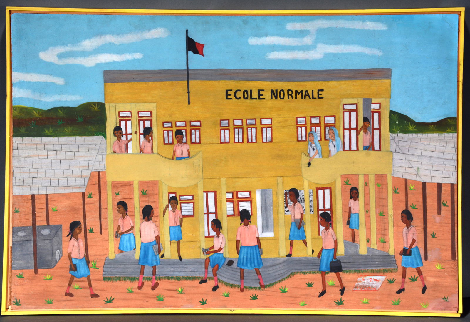 Eric Jean. Ecole Normale.: Eric Jean. Ecole Normale. Signed. Paint on Masonite. Repair to lower right corner. Minor inpainting. Overall fair condition. 36" x 24". Est. $200-300. Ship: $75