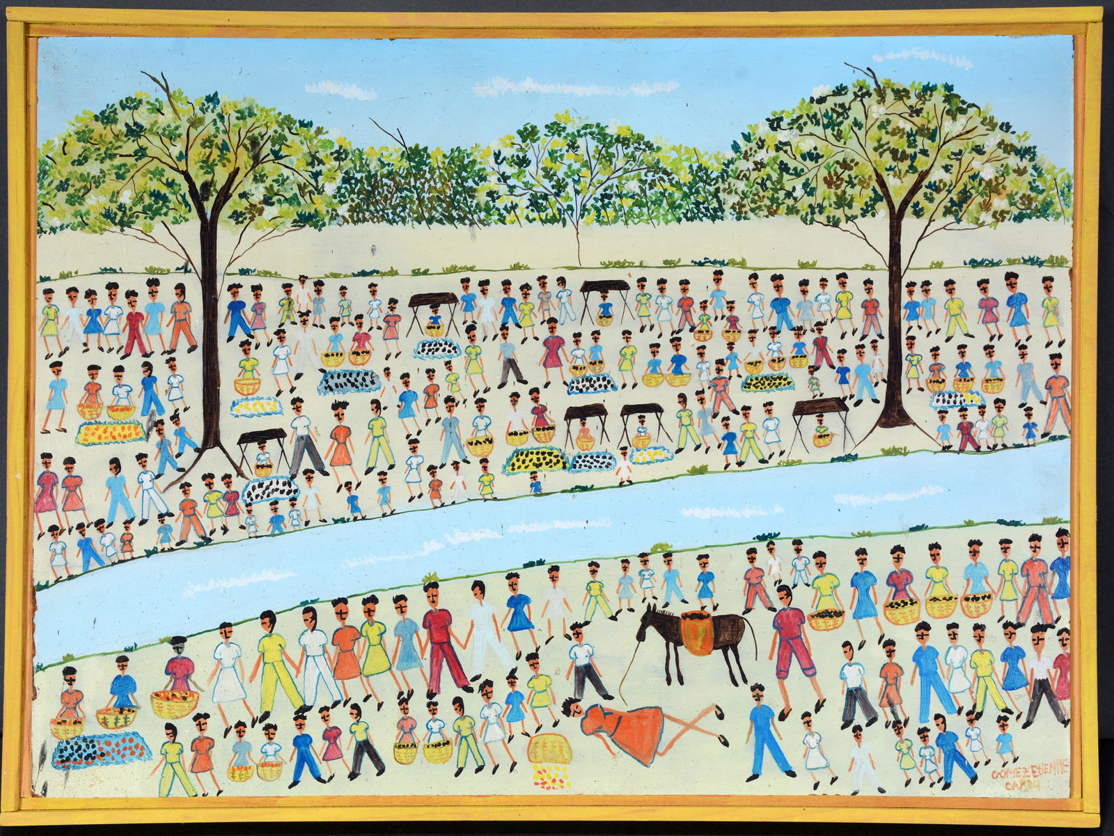 Gomez Etienne. Lots of Figures.: Gomez Etienne. Lots of Figures. Signed. Oil on Masonite. Minor surface wear, otherwise good condition. 16.5" x 12.5". Est. $100-200. Ship: $45