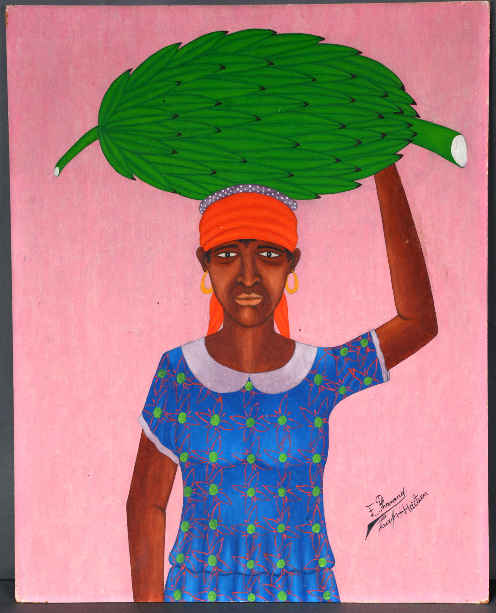 E. Phamord. Woman With Bananas.: E. Phamord. Woman With Bananas. Signed. Oil on Masonite. Minor surface wear, otherwise good condition. 16" x 20". Est. $100-200. Ship: $45