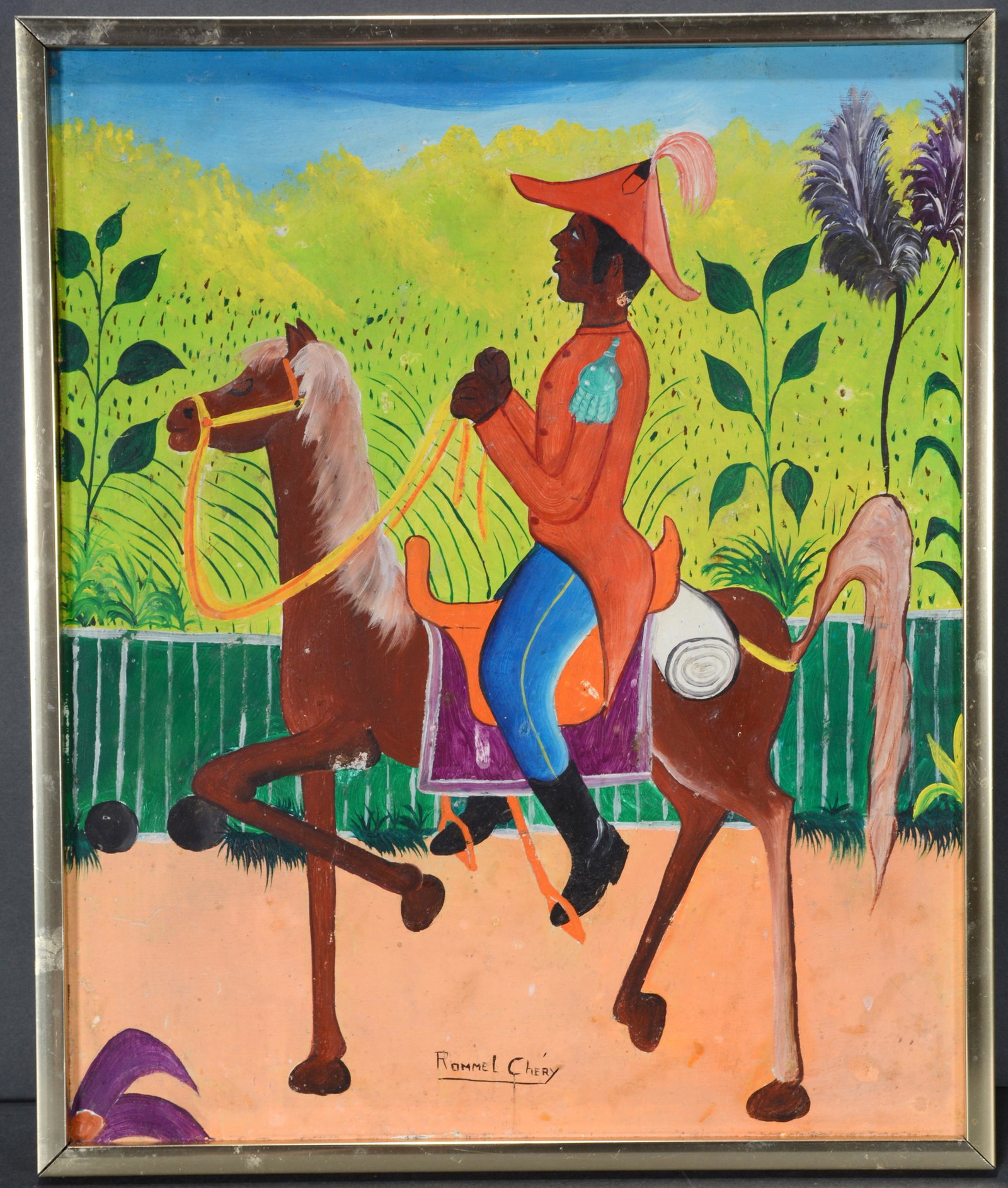 Rommel Chery. Military Rider On Horse.: Rommel Chery. Military Rider On Horse. Signed. Oil on Masonite. Surface wear, otherwise fair condition. 10" x 12" with metal frame. Est. $25-50. Ship: $25