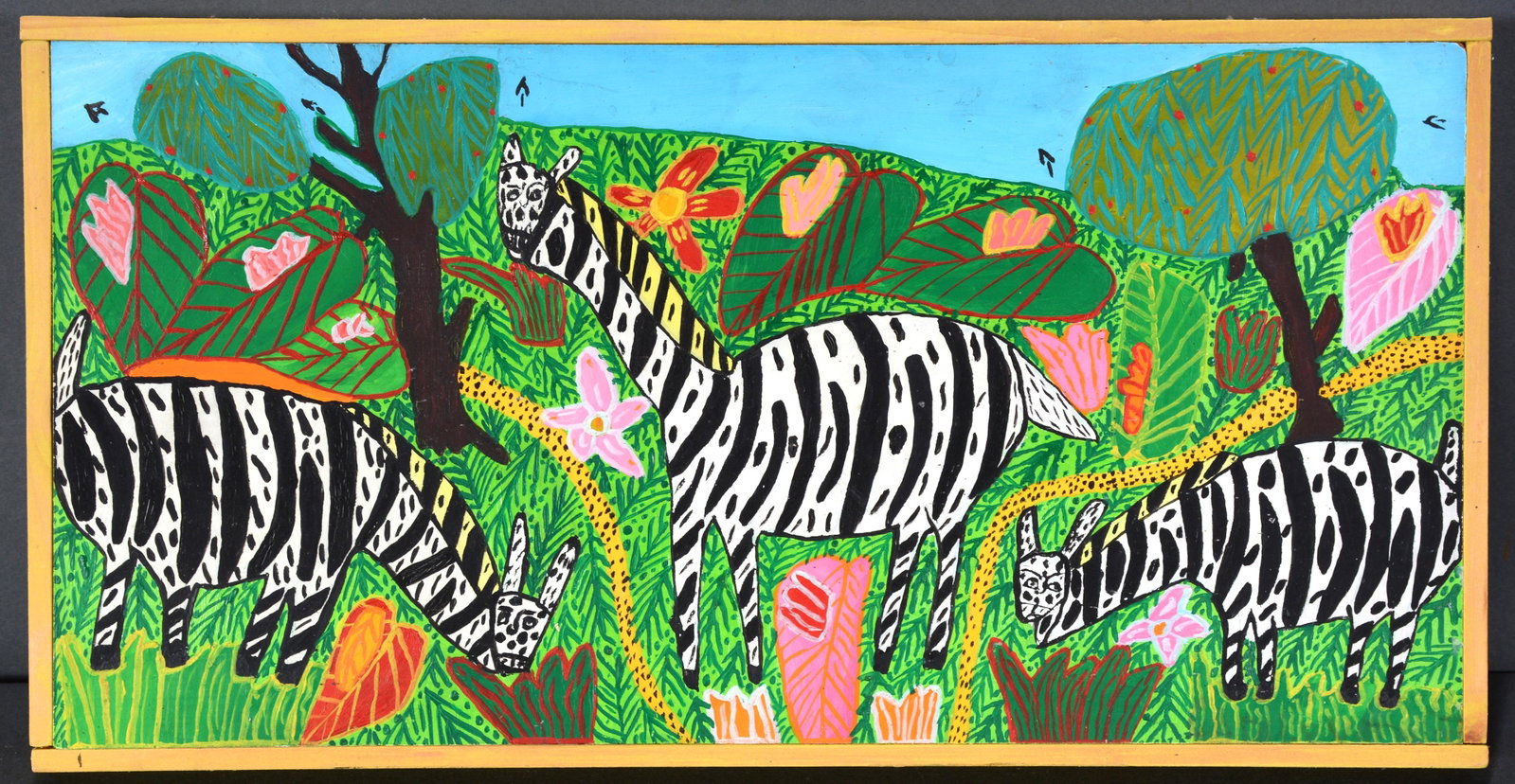 Haitian Style Painting of Zebras.: Unknown Artist. Haitian Style Painting of Zebras. Oil on Masonite. Good condition. 16" x 8". Est. $25-50. Ship: $35