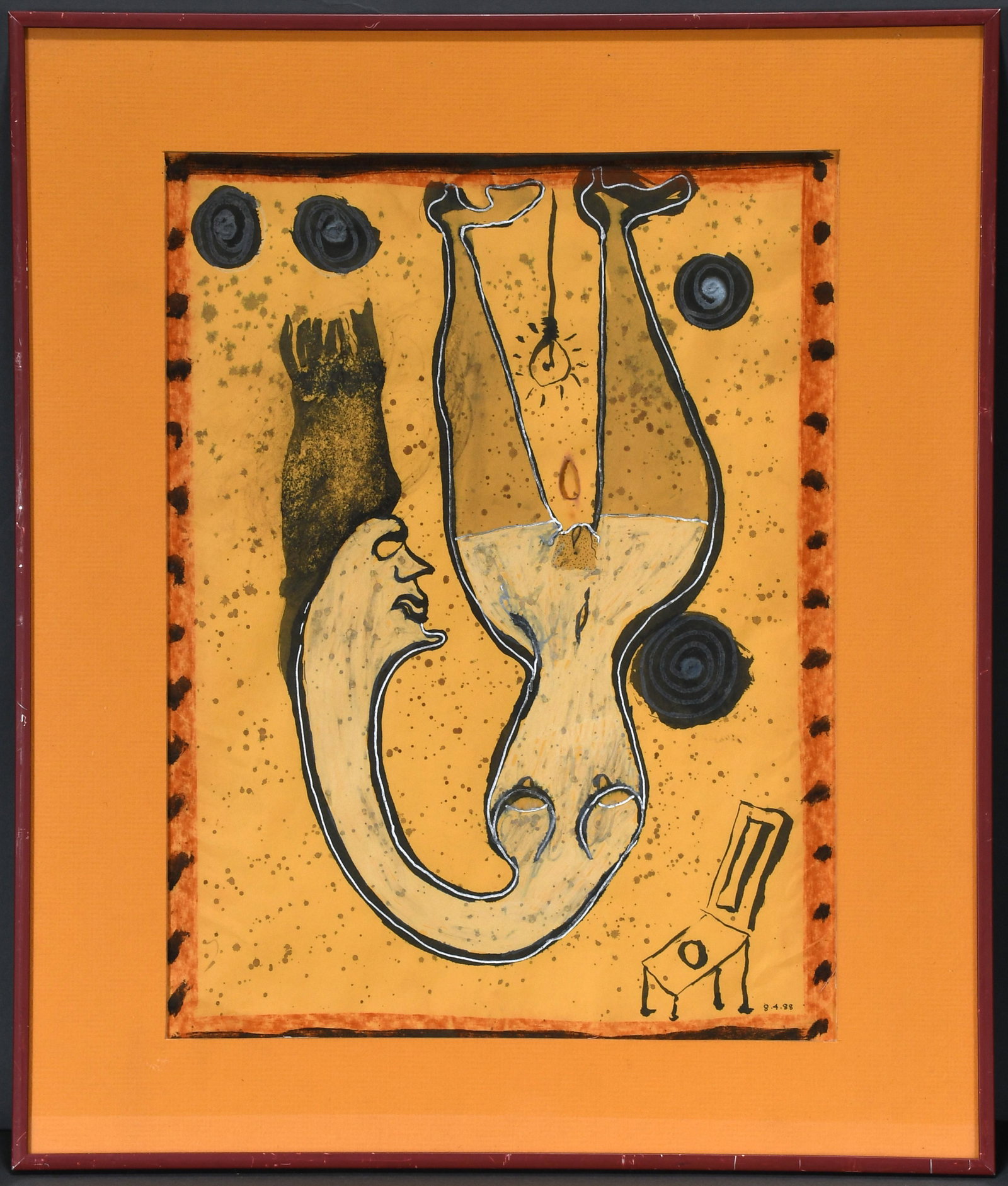 Unknown Cuban Artist. Topsy Turvy Nude.: Unknown Cuban Artist. Topsy Turvy Nude. 1988. Dated on front. Framed but could be signed on verso. Watercolor and mixed media on paper. Excellent condition. Visible image is 12" x 15.5". Frame is 17" 