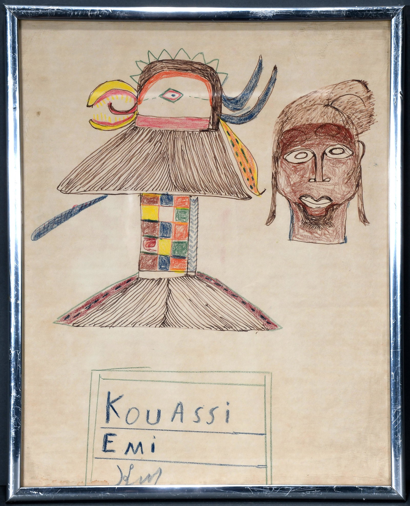Unknown Artist. Kouassi Emi.: Unknown Artist. Kouassi Emi. Signed, but illegible. Titled. Crayon, colored pencil on paper. Minor aging of paper, otherwise very good condition. 13" x 16". Est. $100-200. Ship: $45