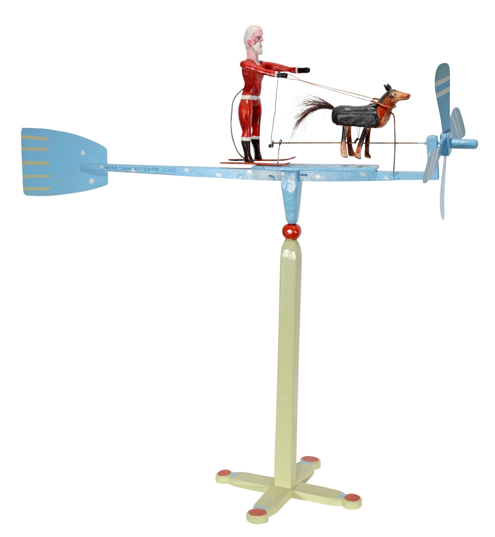 Ed Larson. Here Comes Santa Claus Whirligig.: Ed Larson. Here Comes Santa Claus Whirligig. 1997. Signed, dated and titled. Carved and painted wood with mixed media. Excellent condition. 43" x 43". Est. $100-200. Buyer is responsible for shipping.