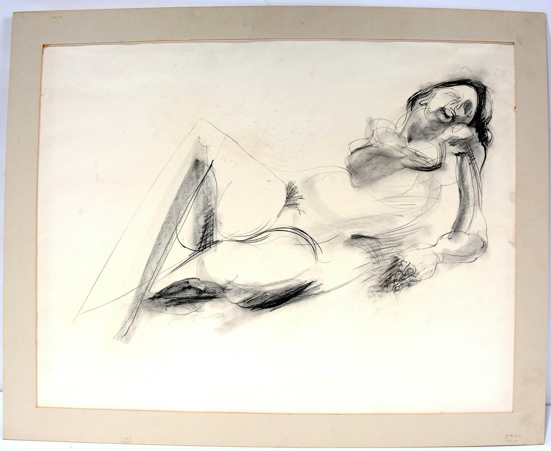 Reclining Nude Line Drawing.: Unknown Artist. Reclining Nude Line Drawing. Signed. But Illegible. Not dated. Graphite on paper. Great condition. 25" x 20". Provenance: The Ruth Braunstein Estate. Est. $100-200. Ship: $45