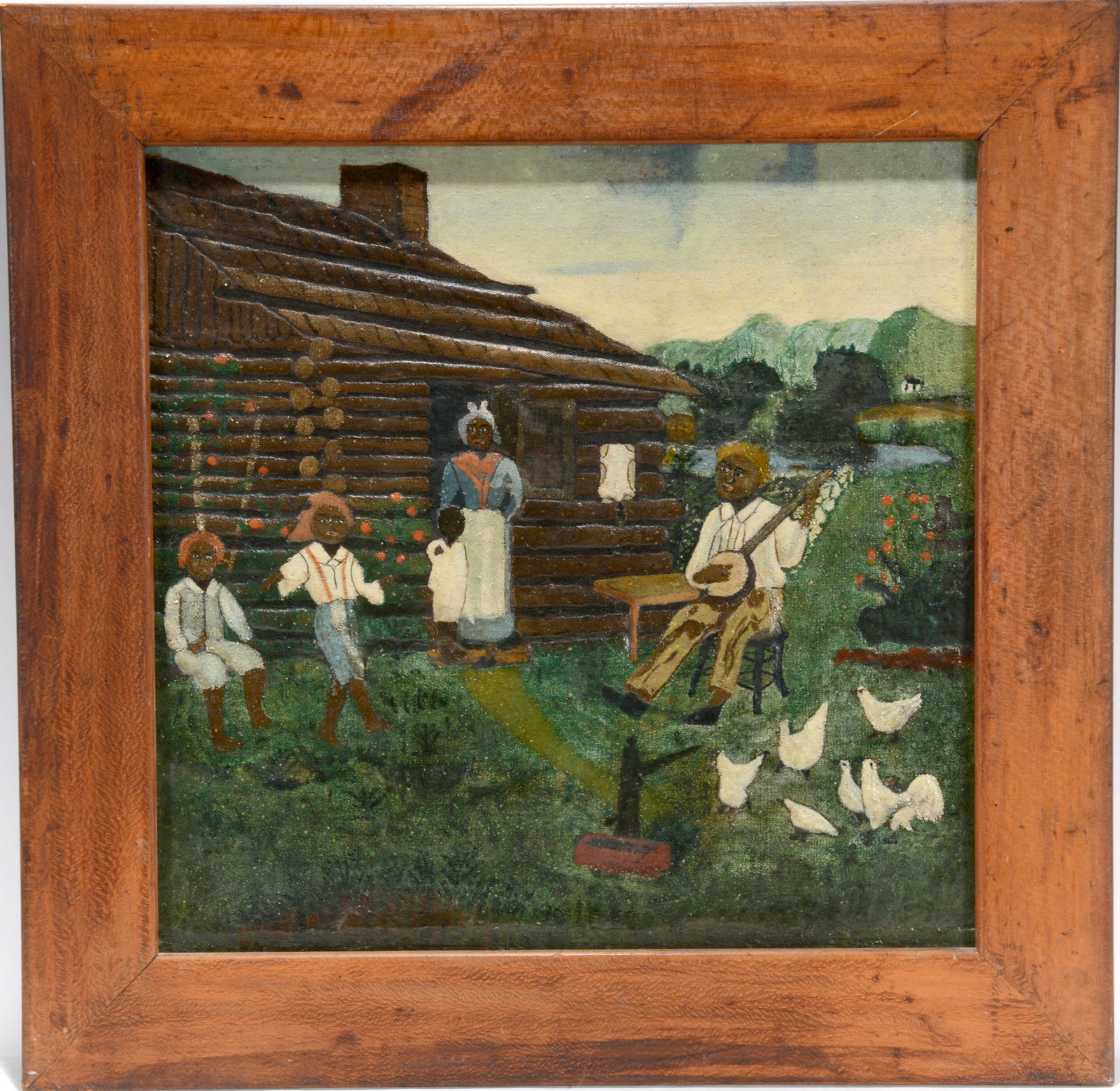 Picking The Banjo In Front of Log Cabin.: Anonymous. Picking The Banjo In Front of Log Cabin. Not signed or dated. Oil and mixed media on canvas backed to board. Excellent condition. c. unknown, but made to look older than it really is. Size 