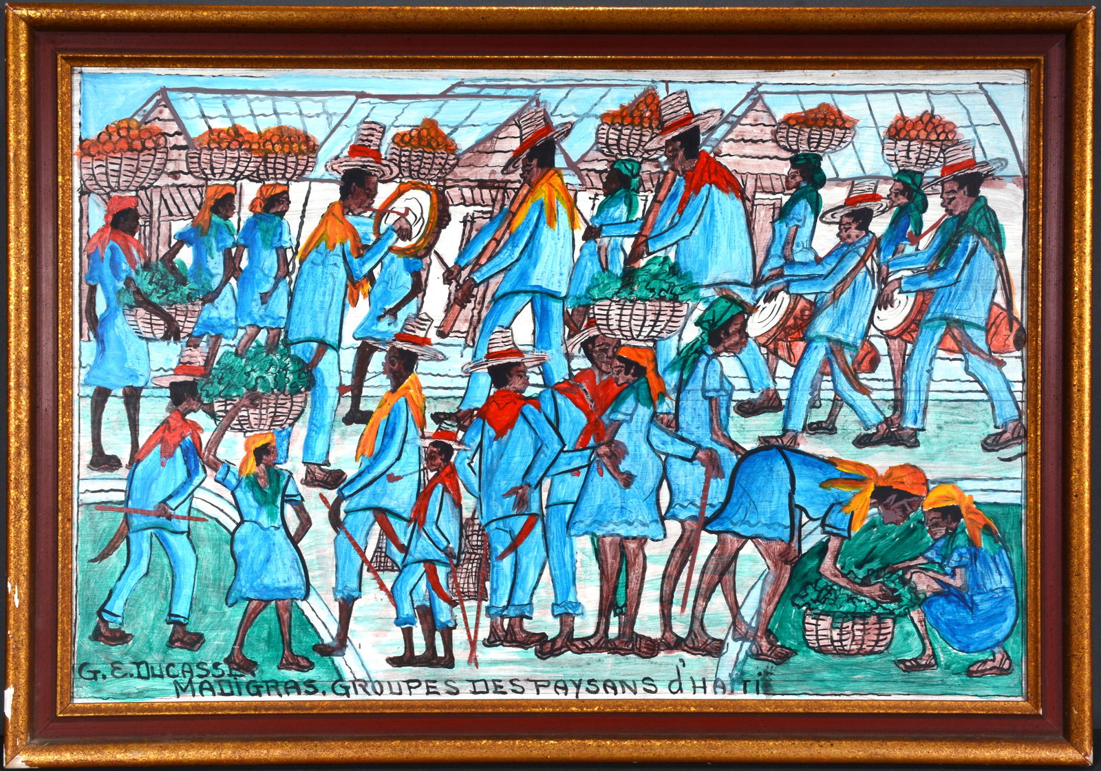 G.E. Ducasse. Madigras, Groupes Des Paysans d Haiti.: G.E. Ducasse. Madigras, Groupes Des Paysans d Haiti. Signed and titled. Oil on Masonite. Size with frame 26.5"w x 18.5"h. Excellent condition. Provenance: Phyllis Kind Gallery. Est. $100-200. Ship: $5