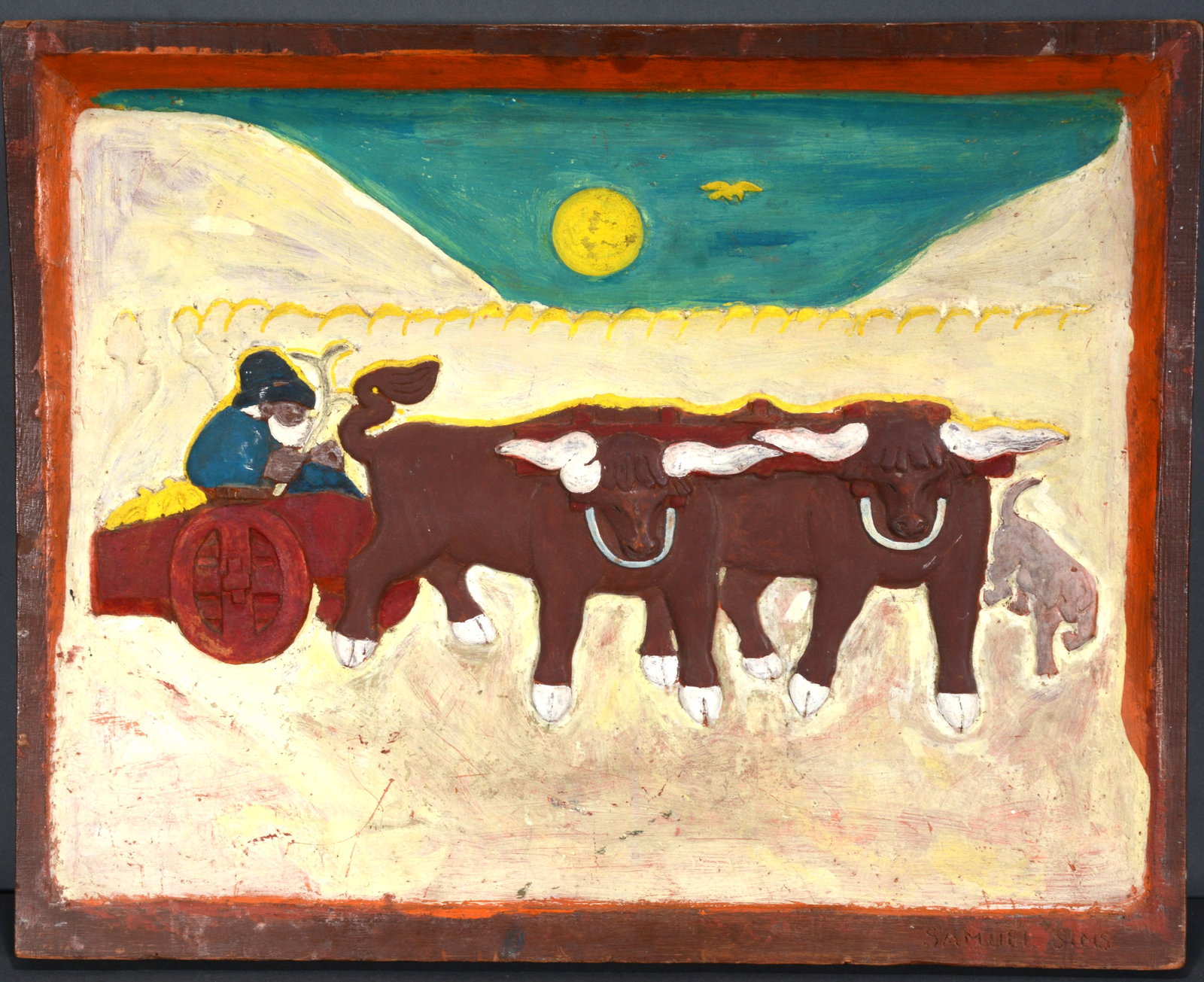 Samuel Sims. Ox and Cart.: Samuel Sims. Ox and Cart. Signed. Carved and painted wood-relief plaque. 24"w x 19"h. Great condition. Provenance: Phyllis Kind Gallery. Est. $100-200. Ship: $65