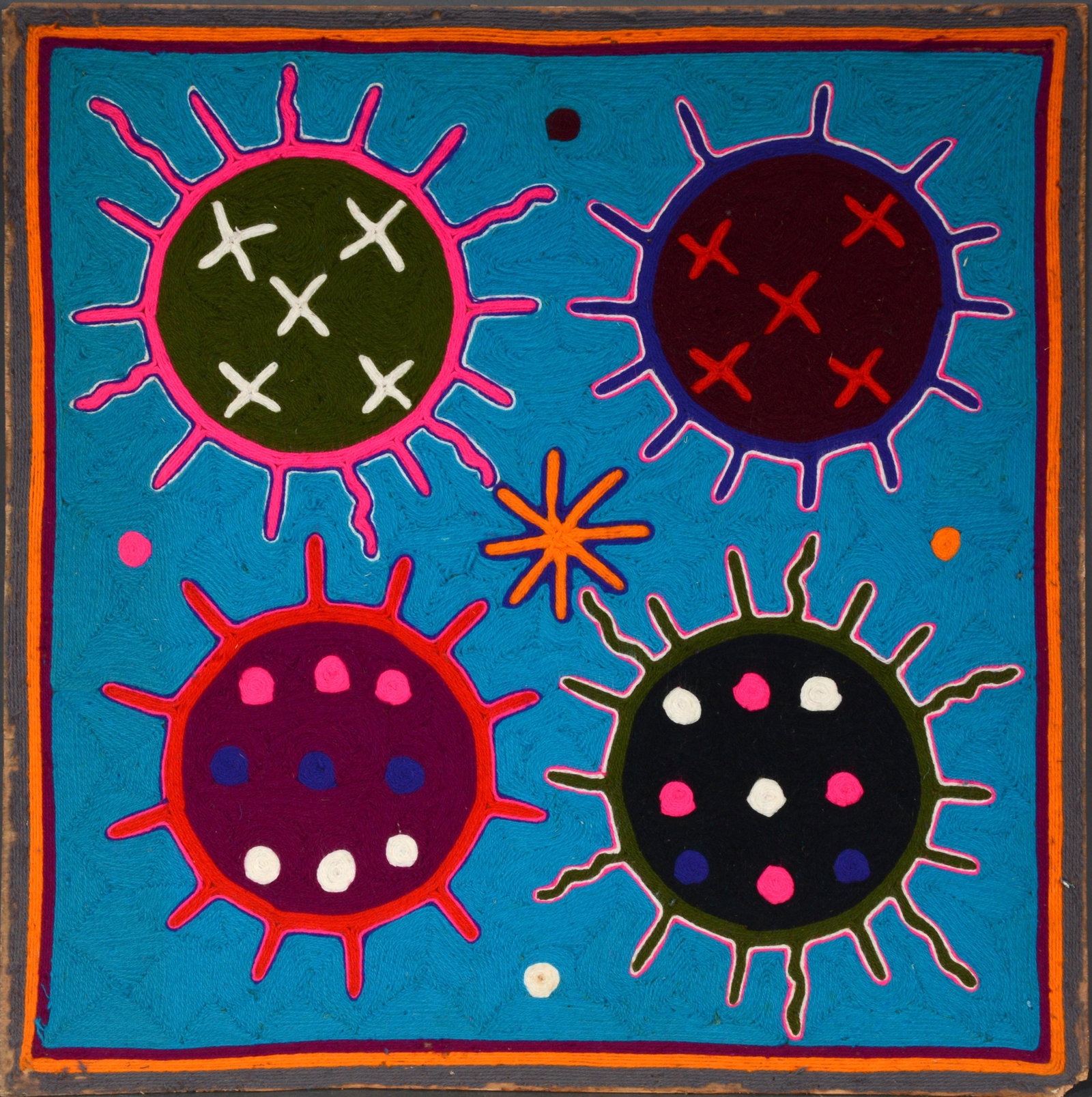 Guadalupe Gonzalez. Covid 19: Guadalupe Gonzalez. Covid 19. Signed. Yard and beeswax on board. Minor wear and loss to edges, otherwise very good condition. 23.5" x 23.5". Est. $200-300. Ship: $55