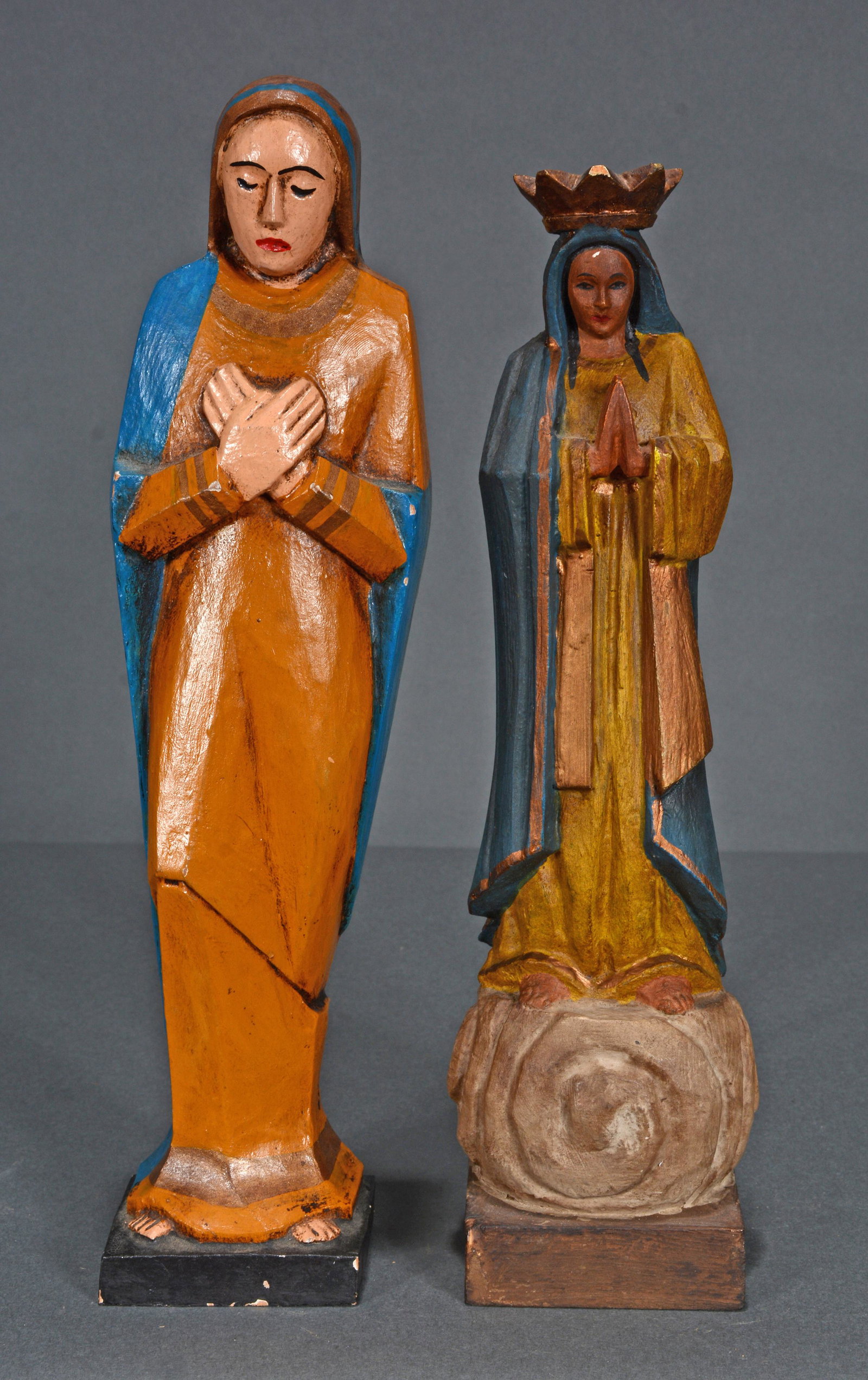 Madonna & Nuestra Senora Reina de Los Cielos.: Anonymous. Madonna and Nuestra Senora Reina de Los Cielos. c. 1950s and 1993. One is signed and dated. Painted carved wood. Nuestra Senora is painted wood with a detachable halo and blue robe. Excelle