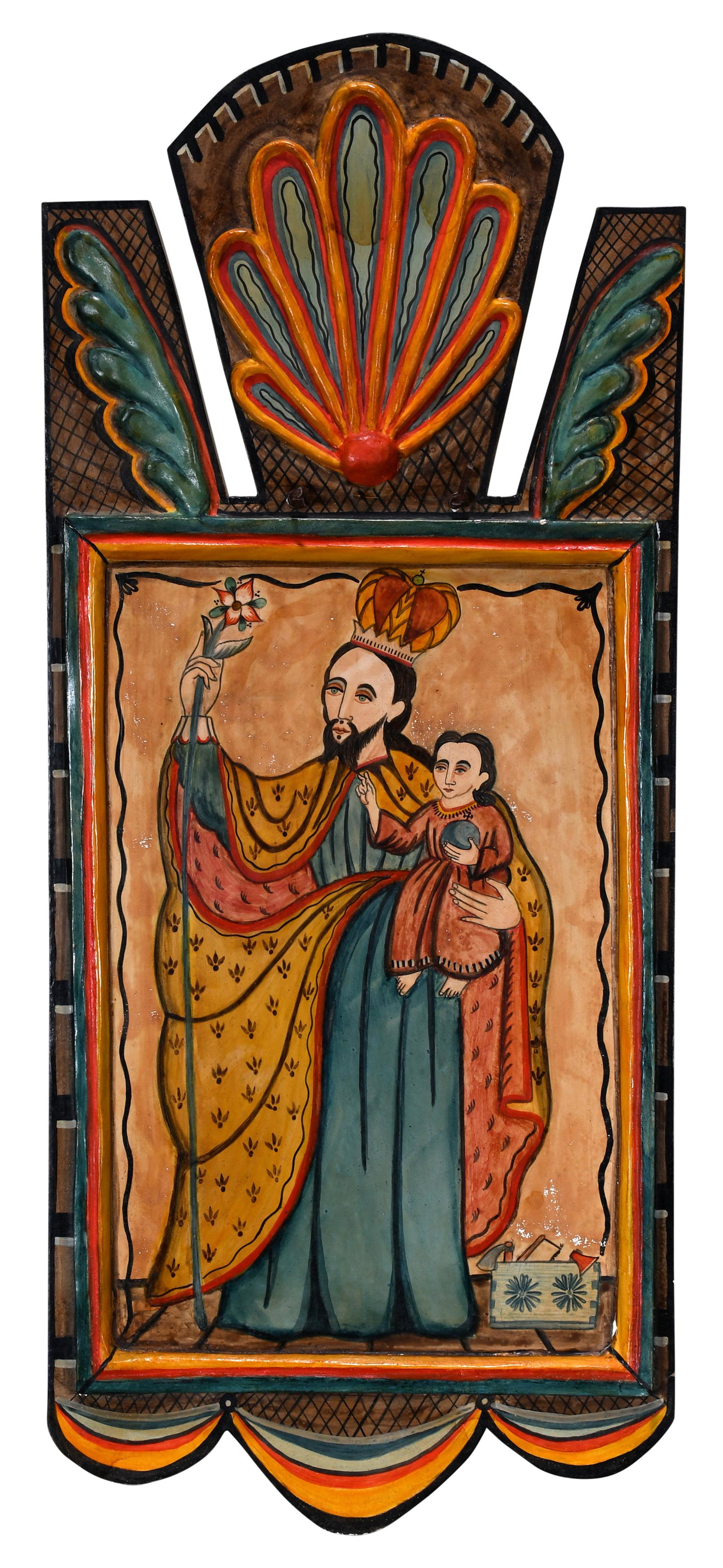 James Cordova. San Jose Patriarca Con El Nino Jesus.: James Cordova. San Jose Patriarca Con El Nino Jesus. 1998. Signed, dated and titled. Carved and painted wood-relief plaque with gesso. Minor paint wear lower right and middle left, otherwise good cond