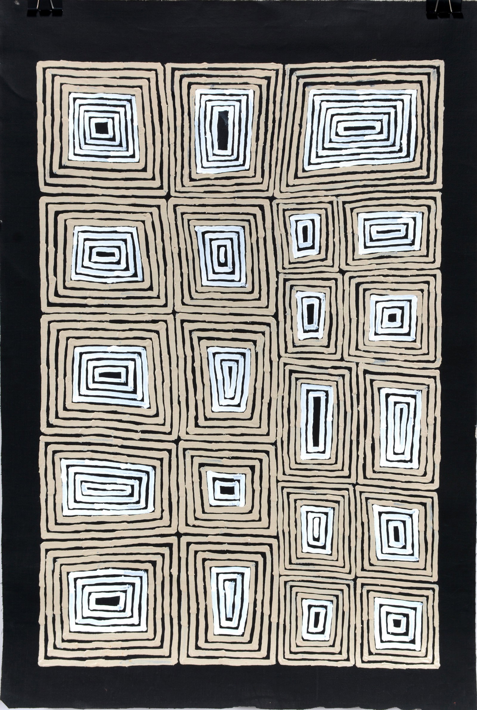 Albury Tjampitjinpa. Gray and White Triangles On Black.: Albury Tjampitjinpa. Gray and White Triangles On Black. Signed. Oil on canvas. Excellent condition. 28" x 43". Provenance: The Estate of Kevin Reid, owner of the Australian Aboriginal Art Gallery in S
