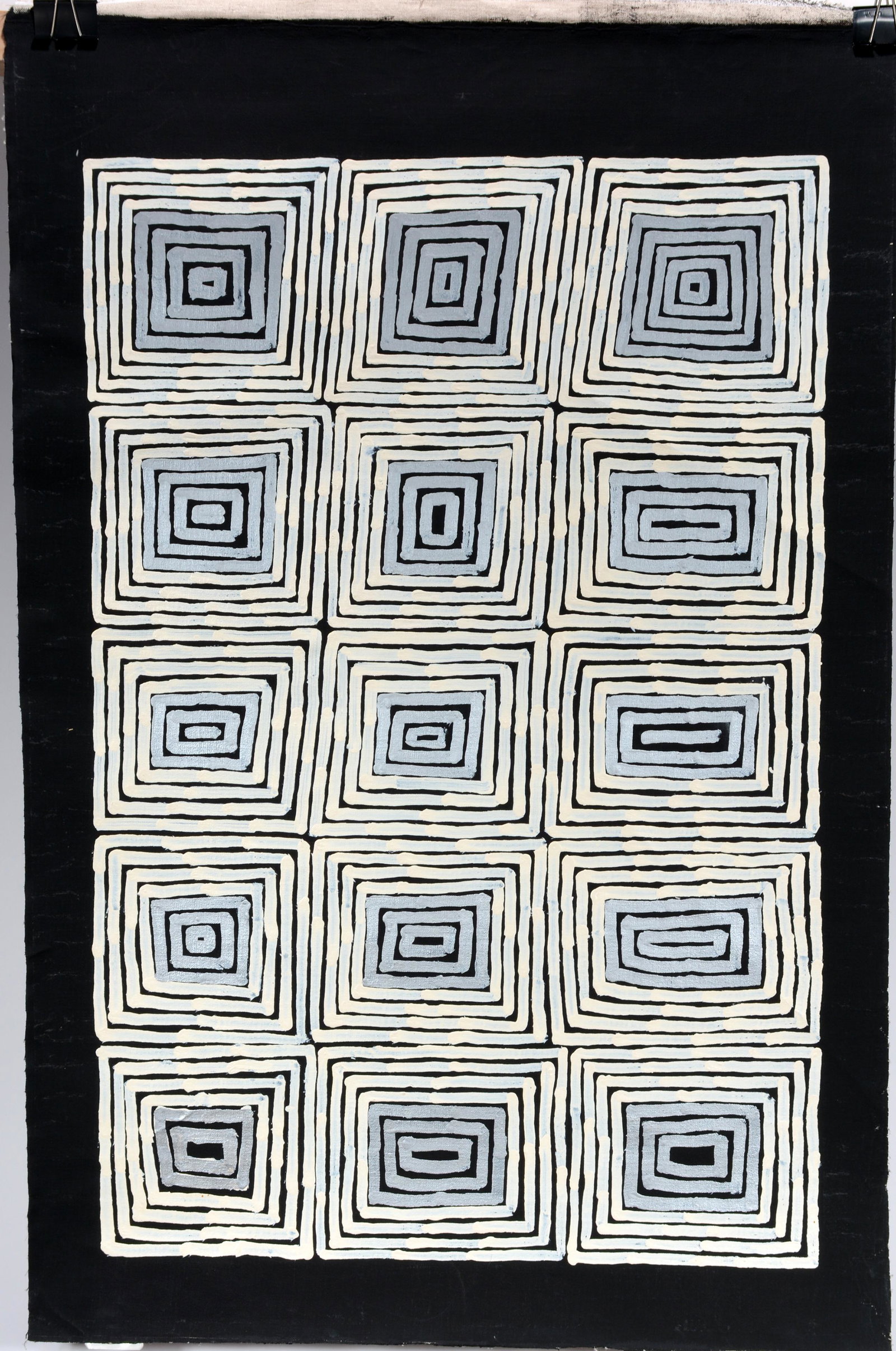 Albury Tjampitjinpa. Black, Silver & White Squares.: Albury Tjampitjinpa. Black, Silver and White Squares. Signed. Oil on canvas. Excellent condition. 27" x 43". Provenance: The Estate of Kevin Reid, owner of the Australian Aboriginal Art Gallery in Sav