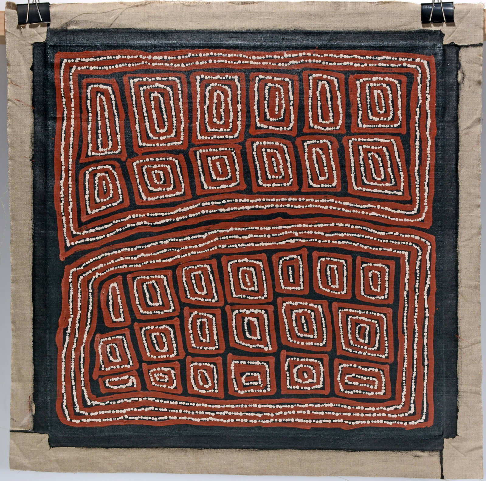 Thomas Tjapaljarri. Red, Black & White Patterns.: Thomas Tjapaljarri. Red, Black and White Patterns. 2015. Signed and dated. Oil on canvas. Excellent condition. 29" x 29". Provenance: The Estate of Kevin Reid, owner of the Australian Aboriginal Art G