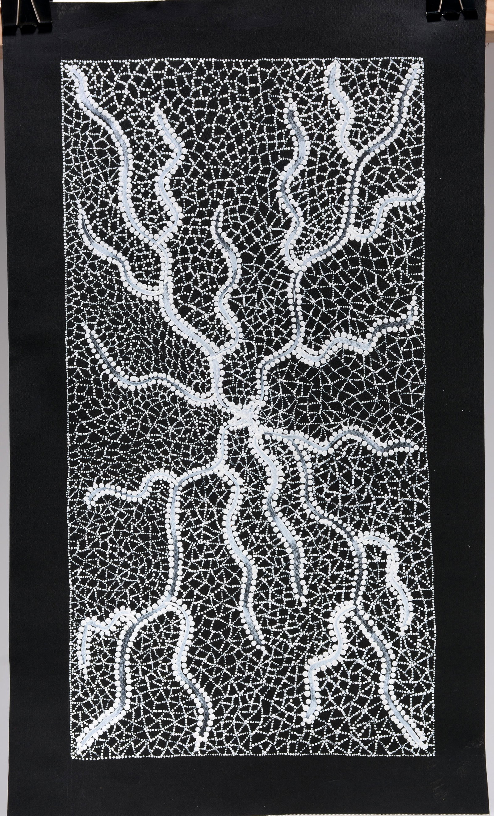Kathy Walker Nagamara. Damper Seeds.: Kathy Walker Nagamara. Damper Seeds. Signed and titled. Oil on canvas. Excellent condition. 20" x 33". Provenance: The Estate of Kevin Reid, owner of the Australian Aboriginal Art Gallery in Savannah,