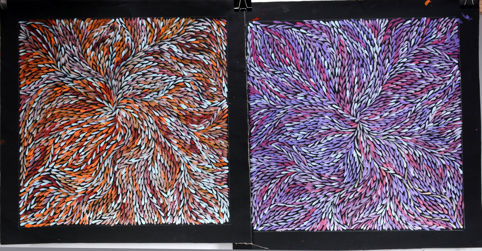 Jeannie Pitjara. Colorful Bush Leaf Paintings, #7 & #8.: Jeannie Pitjara. Colorful Bush Leaf Paintings, #7 & #8. Signed and numbered. Oil on canvas. Excellent condition. Each is 28" x 28". Provenance: The Estate of Kevin Reid, owner of the Australian Aborig