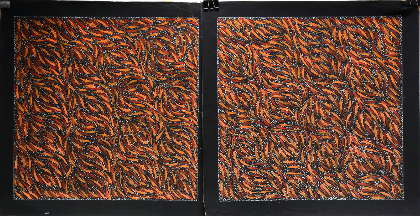 Rosemary Pitjara. Bush Leaf Paintings, #3 & #4.: Rosemary Pitjara. Pair of Bush Leaf Paintings, #3 & #4. Signed and numbered. Oil on canvas. Excellent condition. Each is 28" x28". Provenance: The Estate of Kevin Reid, owner of the Australian Aborigi
