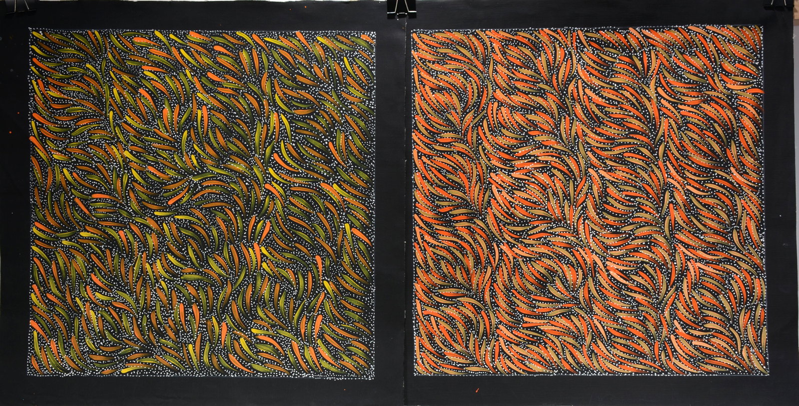 Rosemary Pitjara. Bright Bush Leaf Paintings, #5 & #8.: Rosemary Pitjara. Pair of Bright Bush Leaf Paintings, #5 & #8. Signed and numbered. Oil on canvas. Excellent condition. Each is 28" x 28". Provenance: The Estate of Kevin Reid, owner of the Australian