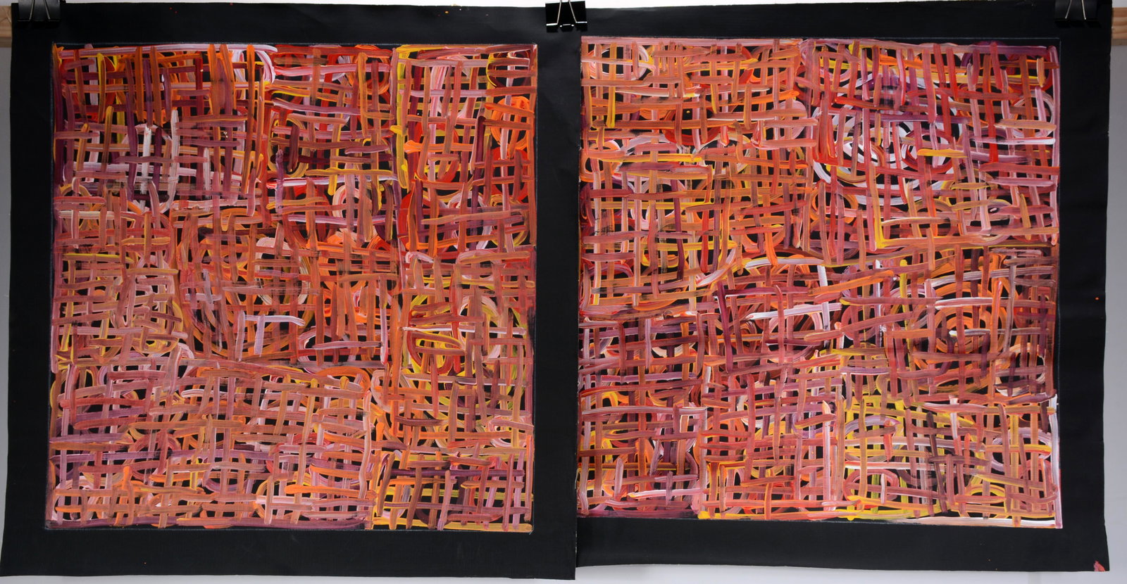 Betty Mbitjana. Pair of Red Colored Finger Paintings.: Betty Mbitjana. Pair of Red Colored Finger Paintings. Signed. Oil on canvas. Excellent condition. Each is 28" x 28". Provenance: The Estate of Kevin Reid, owner of the Australian Aboriginal Art Galler