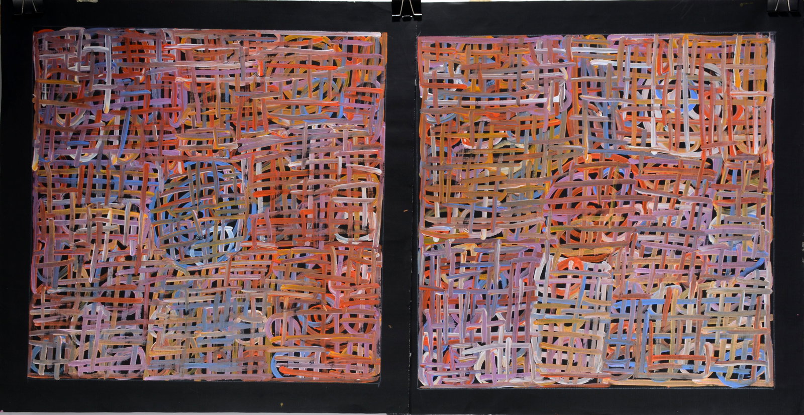 Betty Mbitjana. Pair of Orange & Blue Finger Paintings.: Betty Mbitjana. Pair of Orange and Blue Finger Paintings. Signed. Oil on canvas. Excellent condition. Each is 28" x 28". Provenance: The Estate of Kevin Reid, owner of the Australian Aboriginal Art Ga