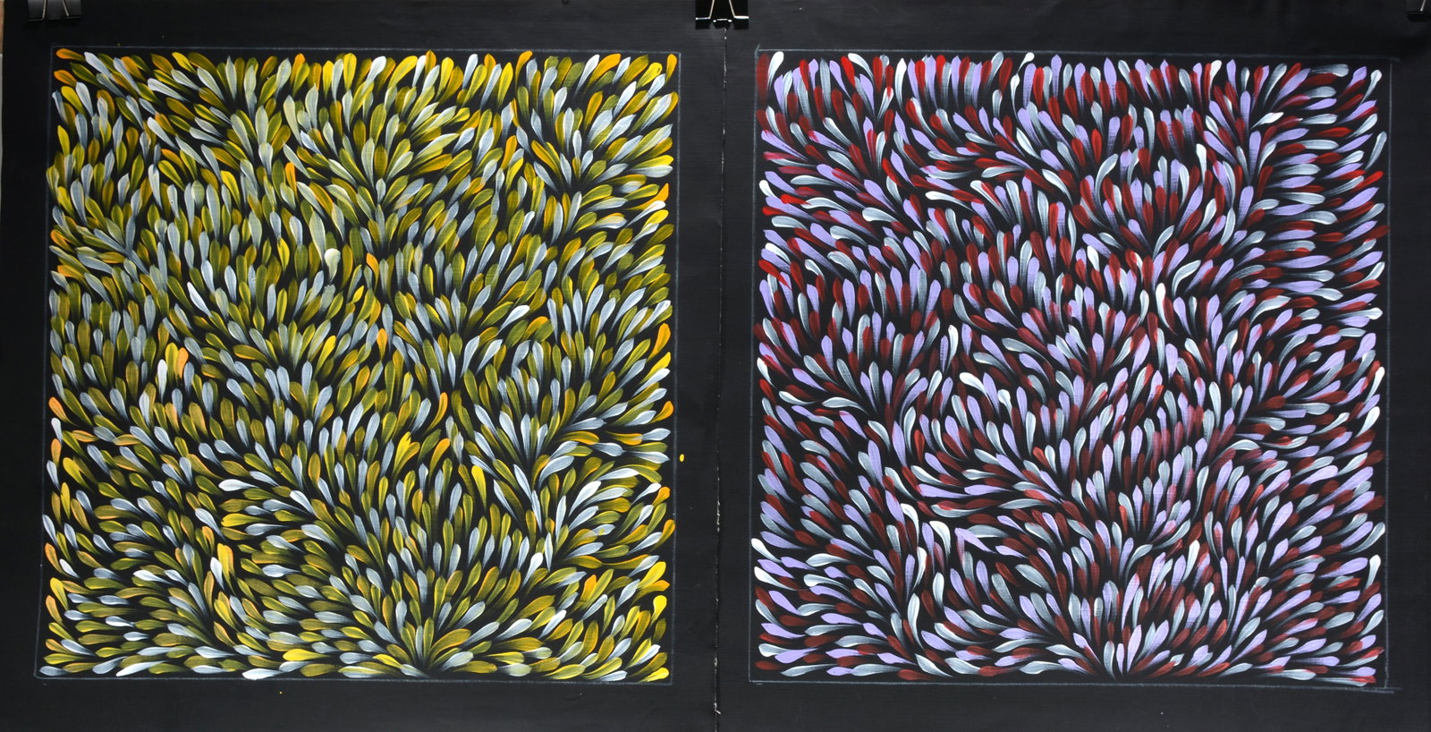 Gloria Petyarre. Yellow & Purple Bush Leaf Paintings.: Gloria Petyarre. Pair of Yellow & Purple Bush Leaf Paintings.#4 and #5. Signed and numbered. Oil on canvas. Excellent condition. Each is 28" x 20". Provenance: The Estate of Kevin Reid, owner of the A