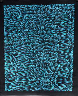 Gloria Petyarre. Blue & Black Flaming Bush Painting.: Gloria Petyarre. Blue and Black Flaming Bush Painting. Signed. Oil on canvas. Excellent condition. 35" x 41". Provenance: The Estate of Kevin Reid, owner of the Australian Aboriginal Art Gallery in Sa