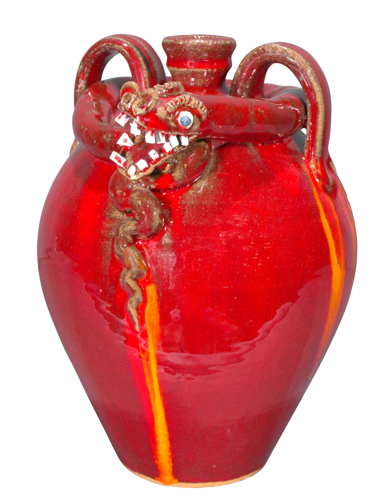 A.V. Smith. Ox-Blood Red Snake Jug.: A.V. Smith. (North Carolina) Ox-Blood Red Snake Jug. Signed. Not dated. One tooth on bottom has been broken, otherwise excellent condition. 9.5"h. Est. $200-300. Ship: $45