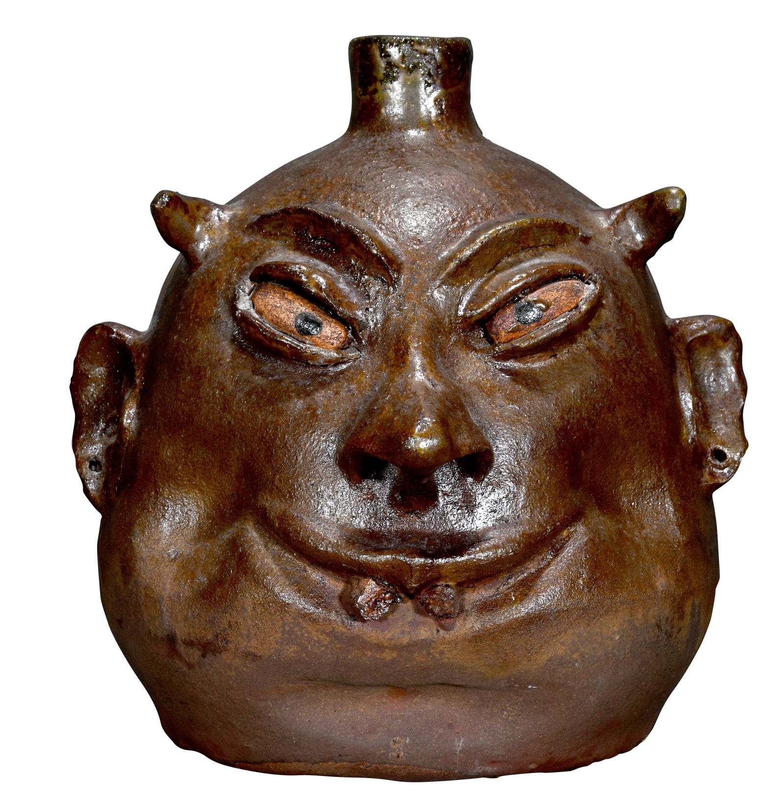 Lanier Meaders. Rare Unsigned Rock Tooth Smiling Devil Face Jug.: Lanier Meaders. Rare Unsigned Rock Tooth Smiling Devil Face Jug. c.1970. Unsigned. Mottled brown alkaline glaze. Mint condition. 9"h. Provenance: The Mike Dale Collection. Est. $3,000-$5,000. Ship: $6