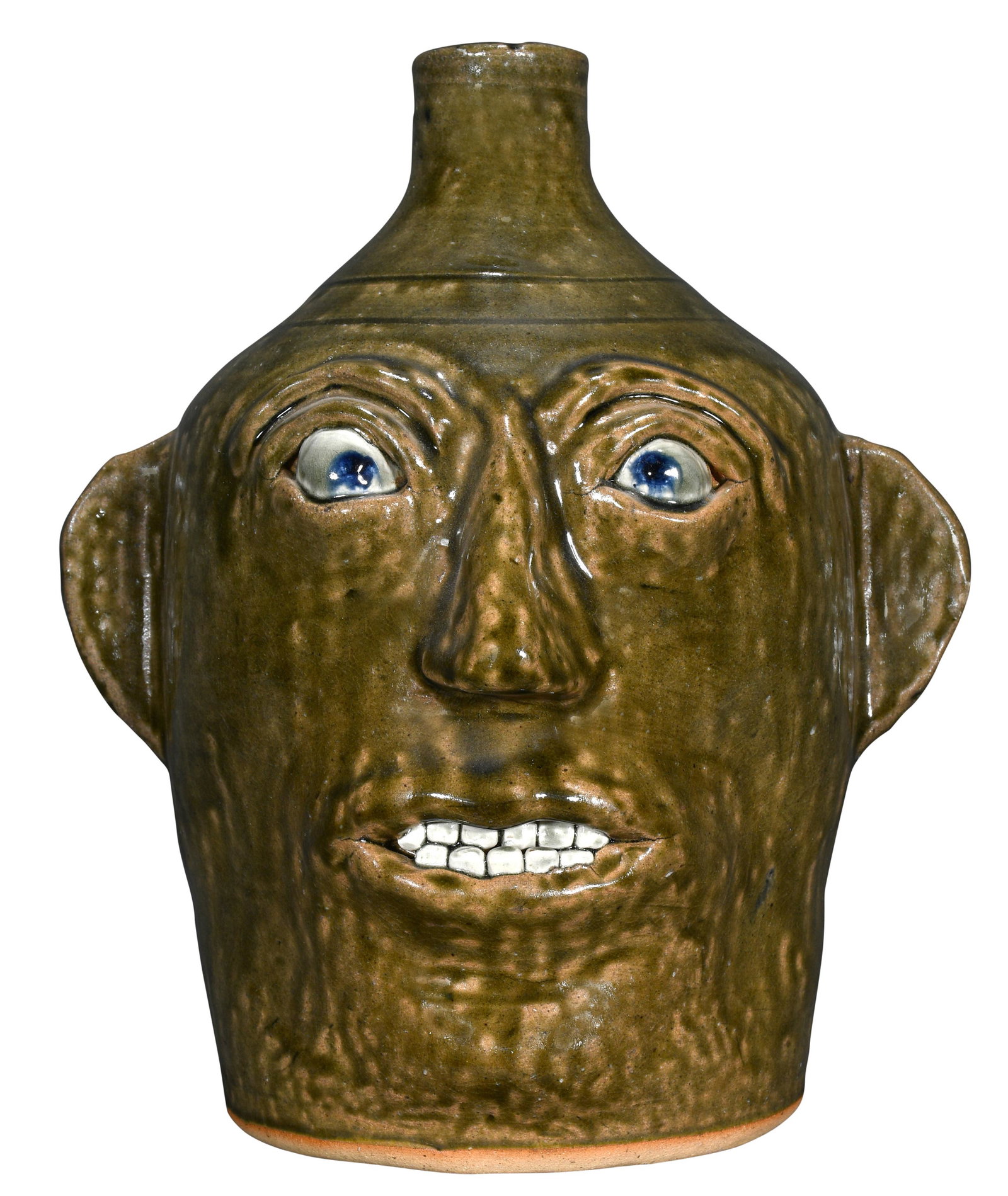 John Meaders. Face Jug #23.: John Meaders. (1916-1999, Georgia) Face Jug #23. Dated in code on base: March 10, 1994. Signature, number, and 'MLM'. Mildred Lee Meaders) inscribed on base. 10"h. Mint condition. Provenance: The Mike
