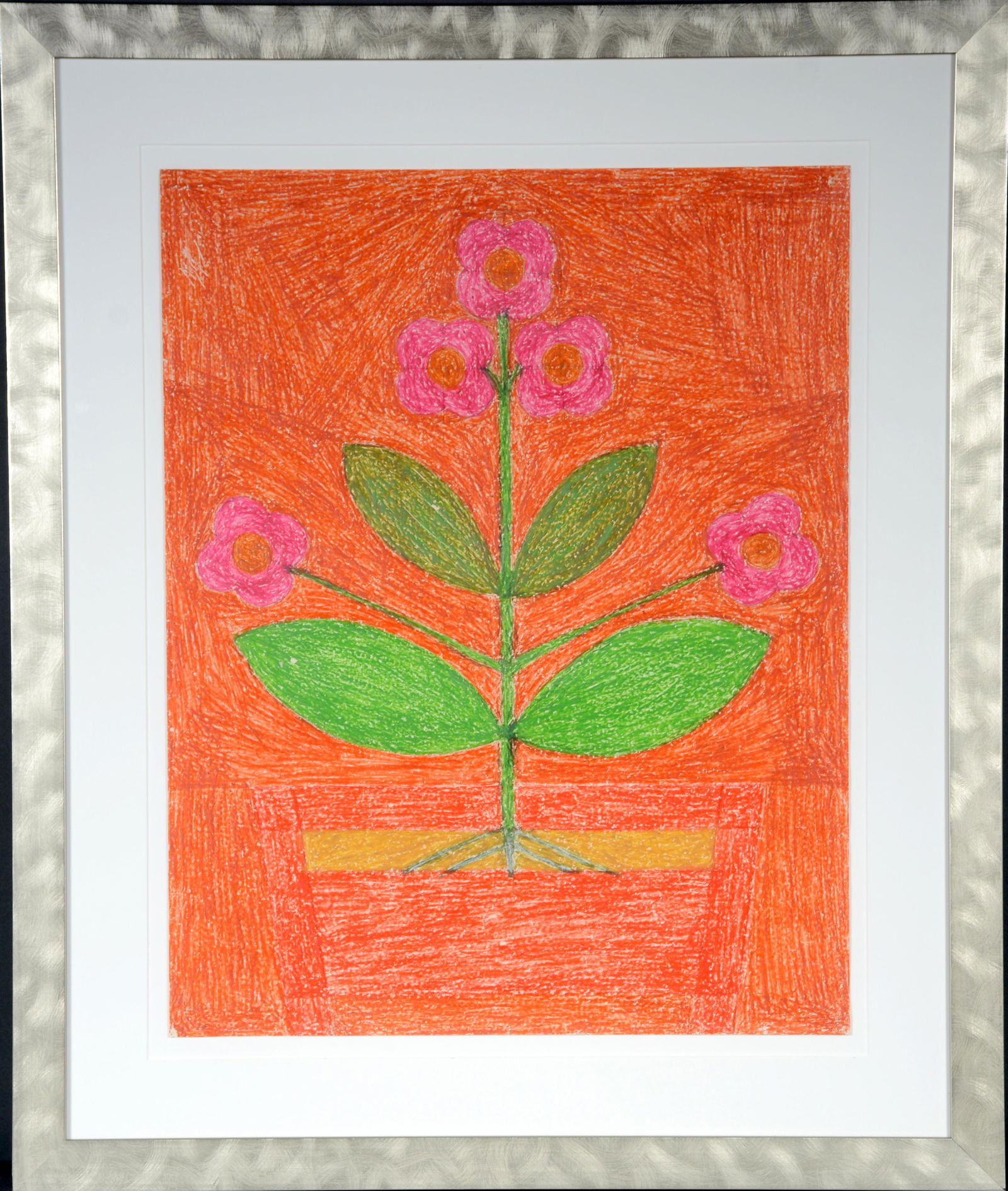 Eddie Arning. Pink and Orange Flowers.: Eddie Arning. Pink and Orange Flowers. c. 1960s. Not signed. Craypas on paper. Excellent condition. 19"w x 24"h. Frame is 27"w x 33"h. Est. $1,000-2,000. Ship: $85