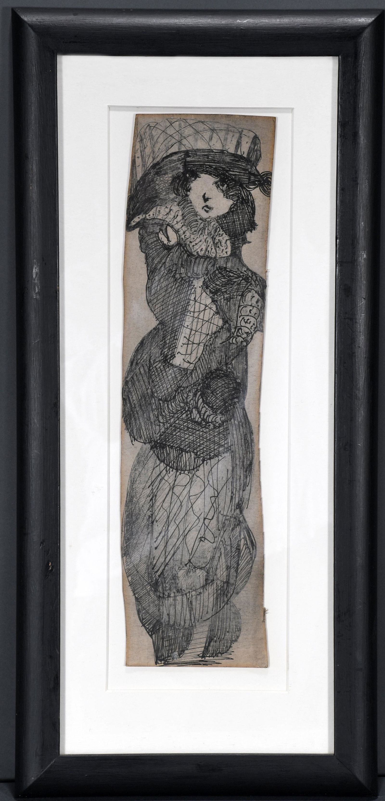 Madge Gill. Tall Woman.: Madge Gill. 1882-1961. Tall Woman. c. 1945. Ink on found scrap cardstock. Excellent condition. Image is 4"w x 15.5"h. Frame is 10.5"w x 22"h. Provenance: ex. Ruth West Collection. Est. $1,000-2,000. S