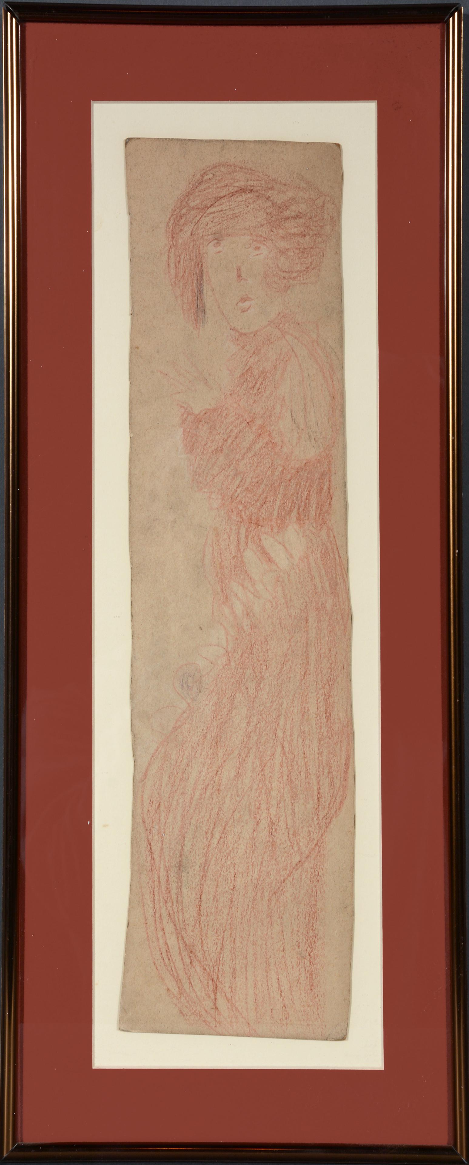 Madge Gill. Red Figure.: Madge Gill. Red Figure. Not signed. Crayon and pencil on found cardstock. Slight fading, otherwise good condition. Image is 4"w x 16"h. Frame is 8.5"w x 20"h. Est. $1,000-2,000. Ship: $55