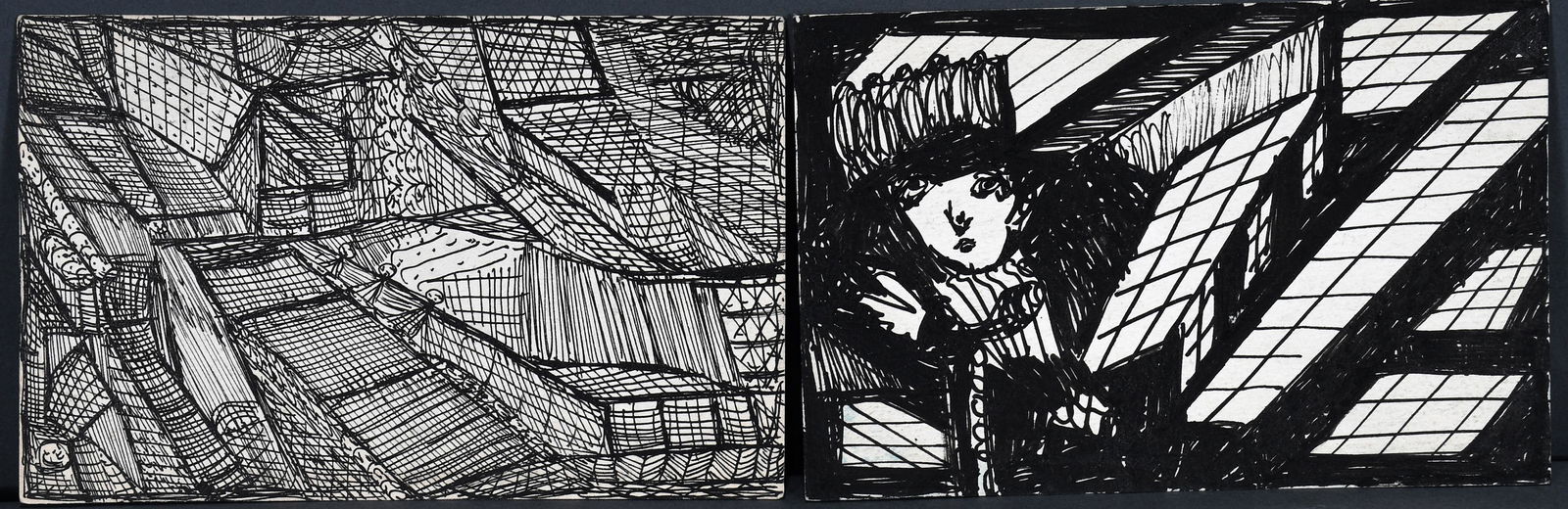 Madge Gill. Horizontal Woman & Abstract Buildings.: Madge Gill. Horizontal Woman and Abstract Buildings. Not signed. Ink on postcard. Excellent condition. 5.5"w x 3.5"h each. Est. $800-1,200. Ship: $35