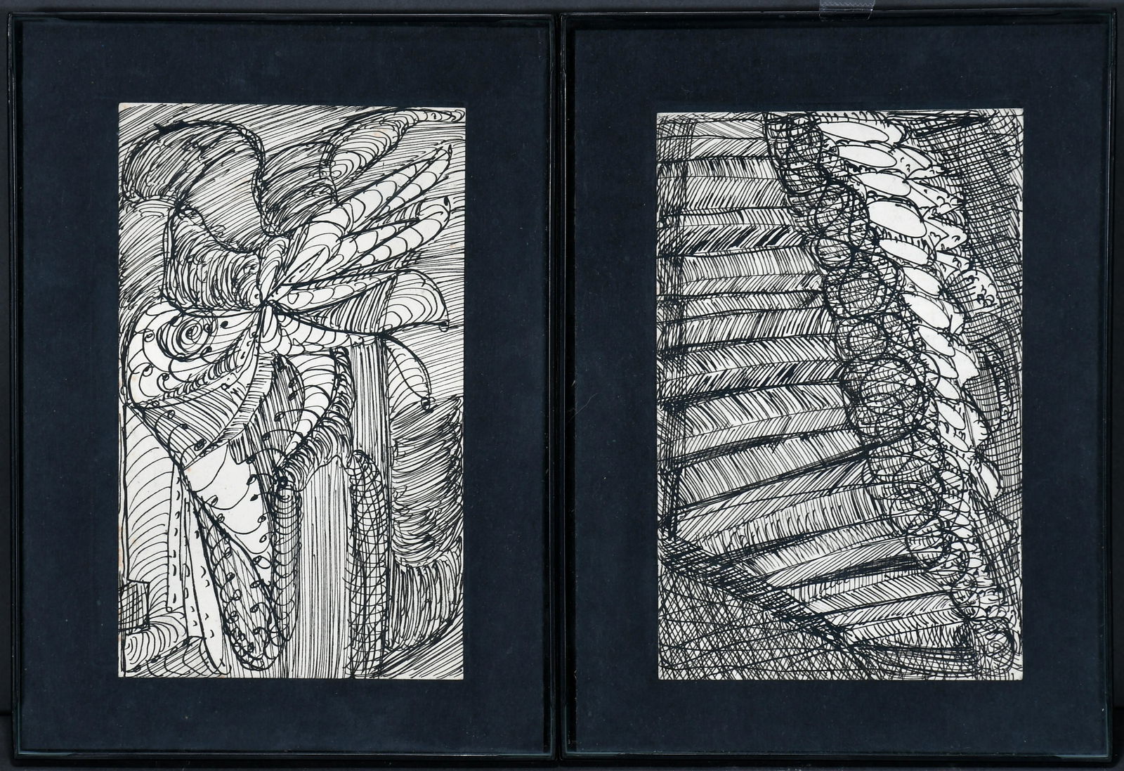 Madge Gill. Pair of Vertical Works.: Madge Gill. Pair of Vertical Works. Not signed. Ink on postcard. Excellent condition. 3.5"w x 5.5"h. Frame is 5.5"w x 7.5"h. Est. $800-1,200. Ship: $35