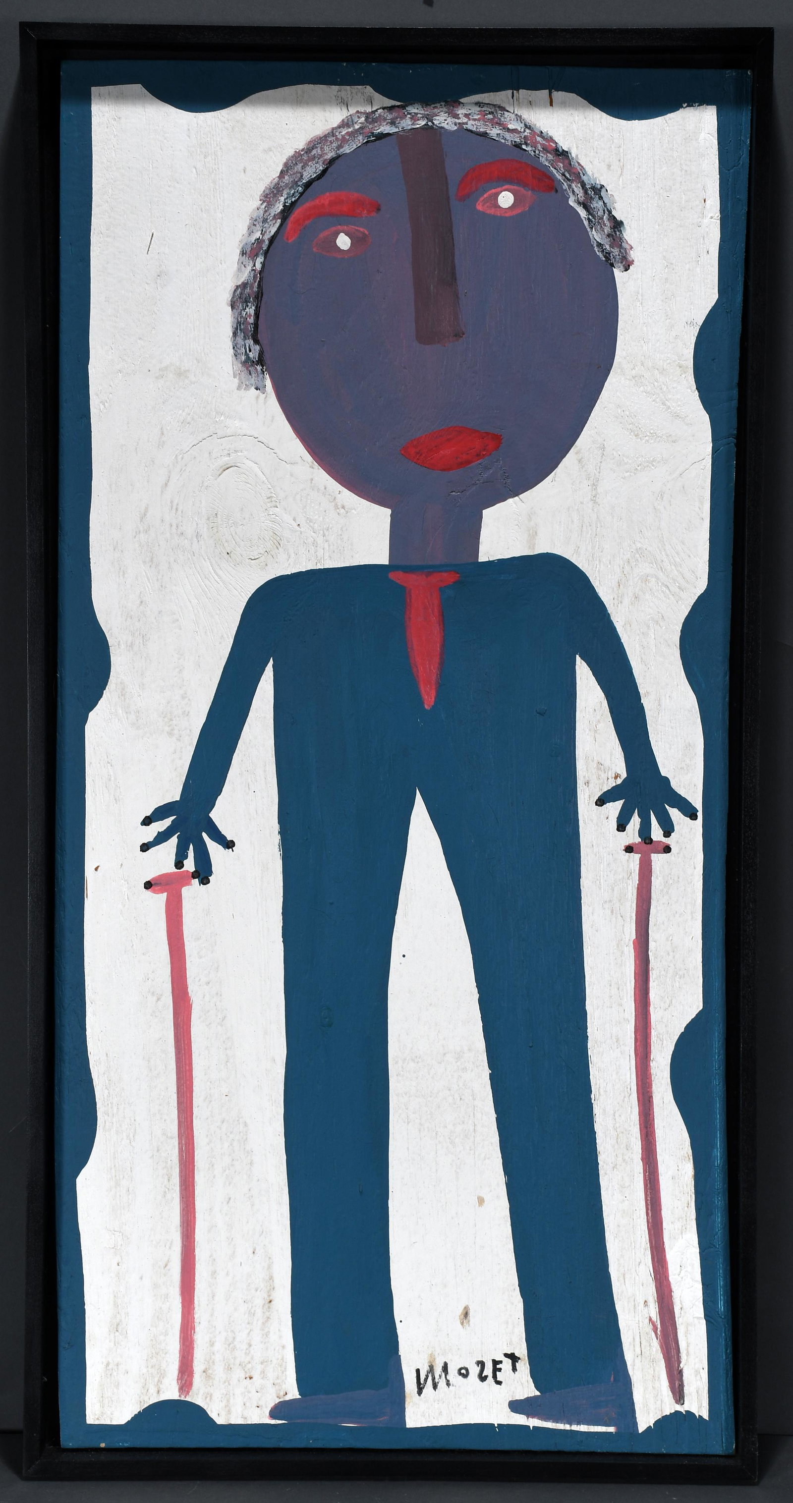 Mose Tolliver. Self-Portrait with Crutches.: Mose Tolliver. Self-Portrait with Crutches. Signed. House paint on board. Excellent condition. Image is 15.75"w x 32.25"h. Frame is 17"w x 33.25"h. Provenance: The Mike Dale Collection. Est.$1,000-$2,