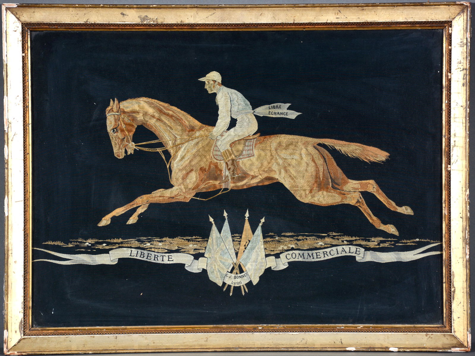 C.J. Bonnet Lyon. Liberte Commerciale.: C.J. Bonnet Lyon. Liberte Commerciale. c. 1900. Multi-colored stitched fabric. Layers and shading all created by stitching backed to black cloth. Excellent condition with original frame and backing. G