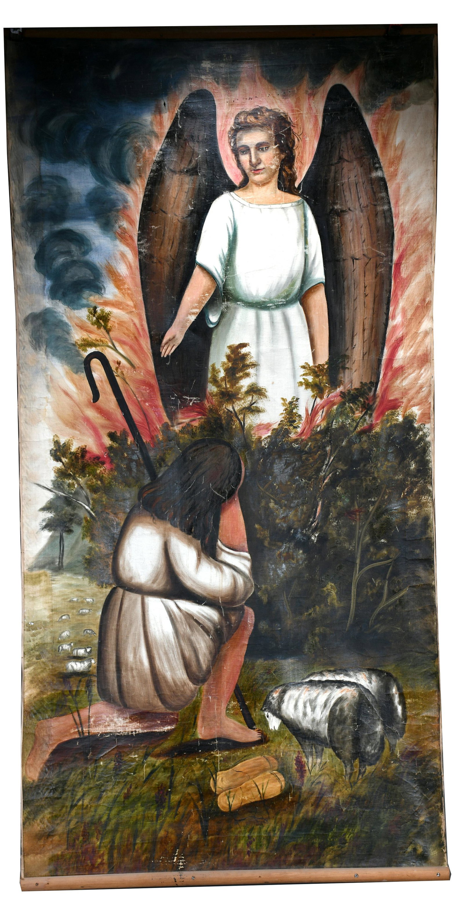 Masonic. Music At The Burning Bush.: Masonic. Music At The Burning Bush. c. 1880s. Paint on thin canvas. Minor hole at top and skinning of some paint, overall very good to great condition. 41" w x 81" h. Est. $800-1,200. Ship: $55 (rolle