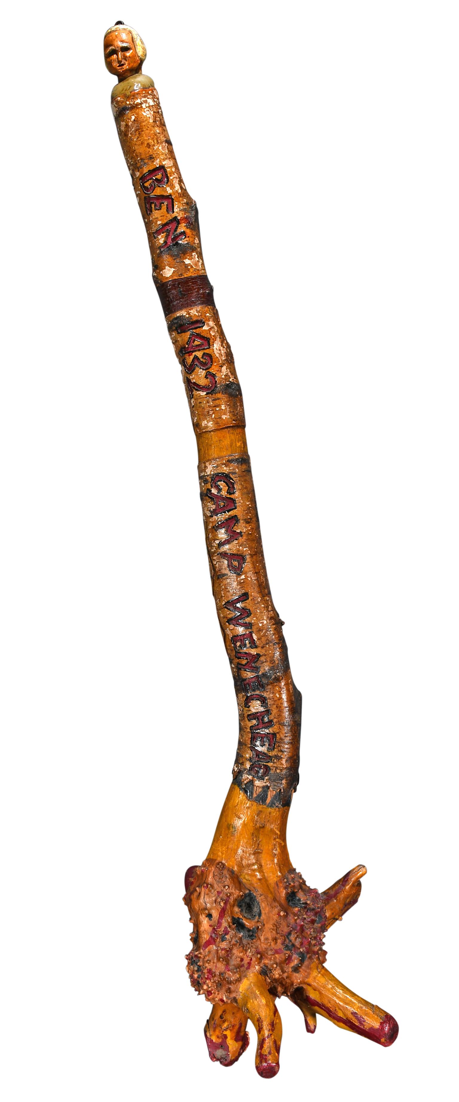 Camp Wenecheag Folk Art War Club.: Anonymous Camp Wenecheag Folk Art War Club. American. 1932. Inscribed "Ben 1932 Camp Wenecheag". Signed, dated and titled. Carved, painted and stained wood. Overall length 38". Very good vintage condi