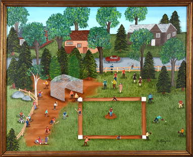 Marie Keegan. Neighborhood Baseball Game.: Marie Keegan. Neighborhood Baseball Game. Signed. Not dated. Oil on canvas. Image is 30"w x 24"h. Needs new frame. Est. $800-1,200. Ship: $65