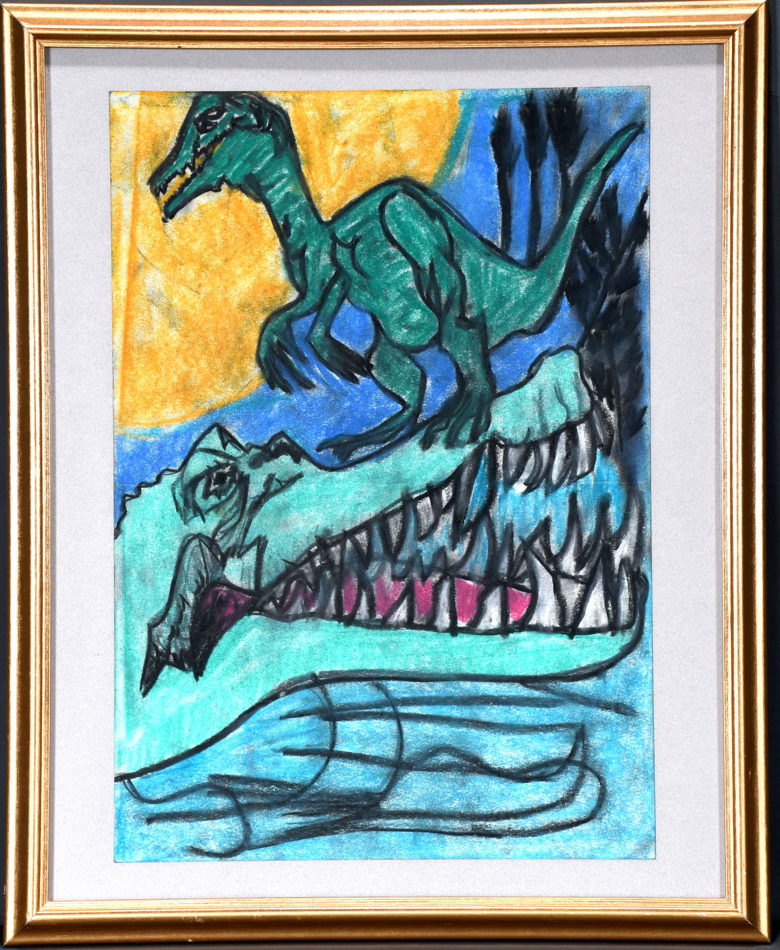 Ike Morgan. Dinosaur and Alligator.: Ike Morgan. Dinosaur and Alligator. c. 1980s. Unsigned. Pastel on paper. Excellent condition. 17"w x 22"h with frame. Provenance: The Menil Collection Bookstore. Est. $800-1,200. Ship: $45