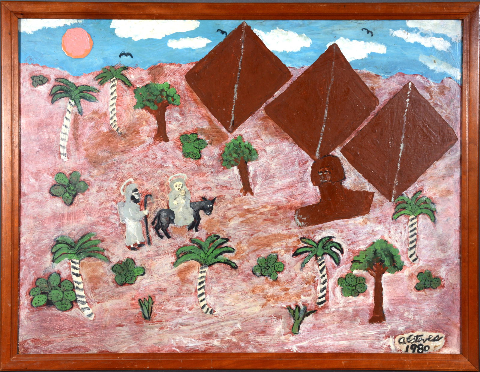 Antonio Esteves. Mary, Joseph & Baby Jesus.: Antonio Esteves. Mary, Joseph and Baby Jesus. 1980. Signed and dated. Oil on Masonite. Excellent condition. 34"w x 26"h with frame. Provenance: Jay Johnson Gallery. Est. $800-1,200. Ship: $75