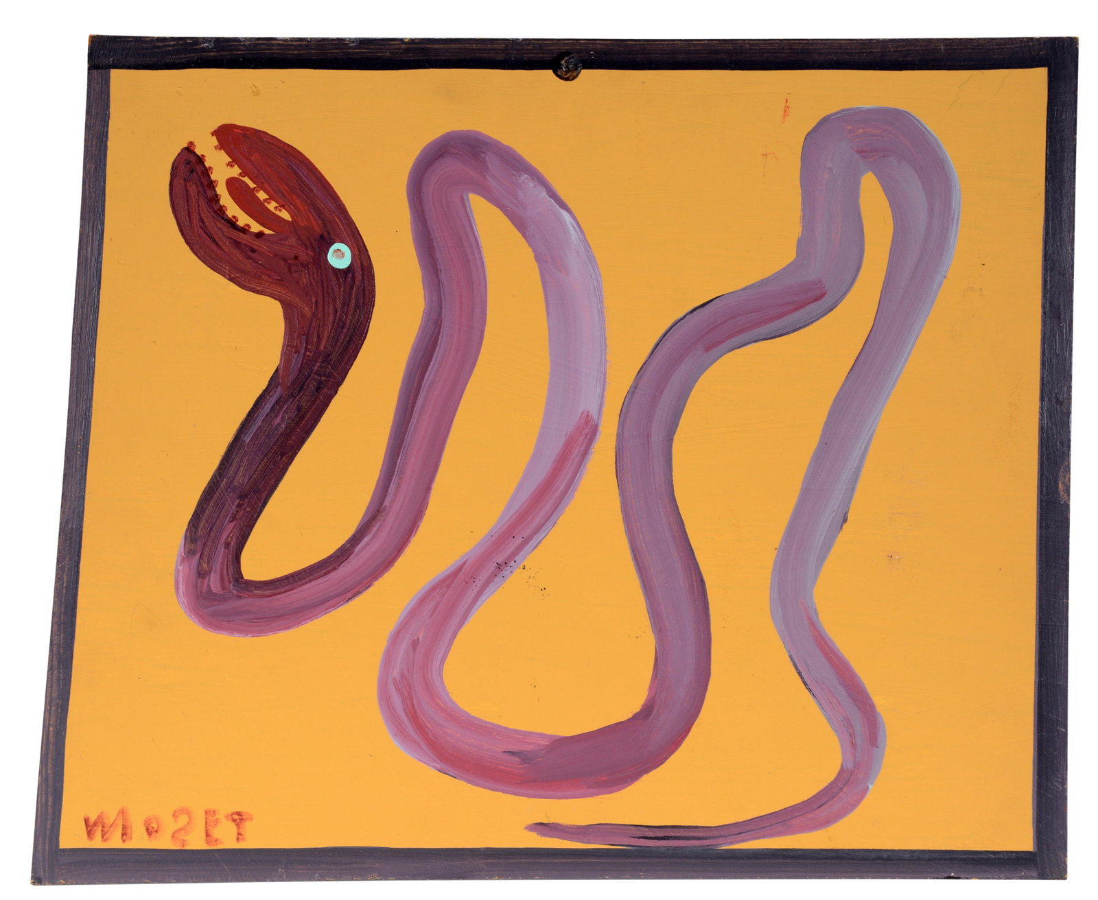 Mose Tolliver. Pylar Rattler.: Mose Tolliver. Pylar Rattler. Signed and titled. Paint on Masonite. Excellent condition. 18"w x 15"h. Provenance: Georgine and Jack Clarke Collection. Est. $400-600. Ship: $35